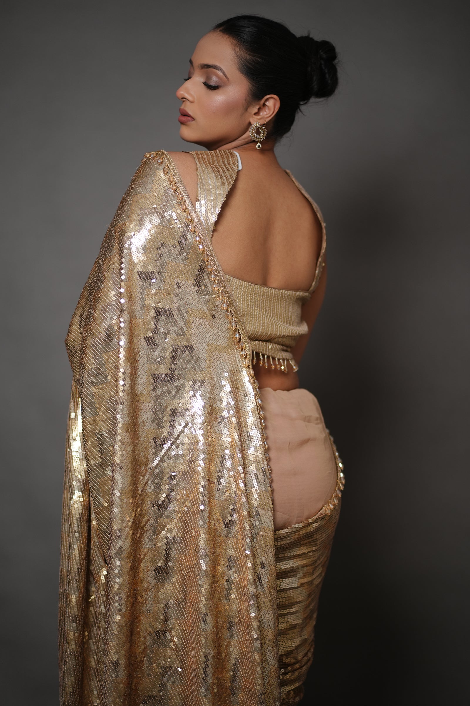 Champagne Gold All-Over Sequin Saree with Beaded Border