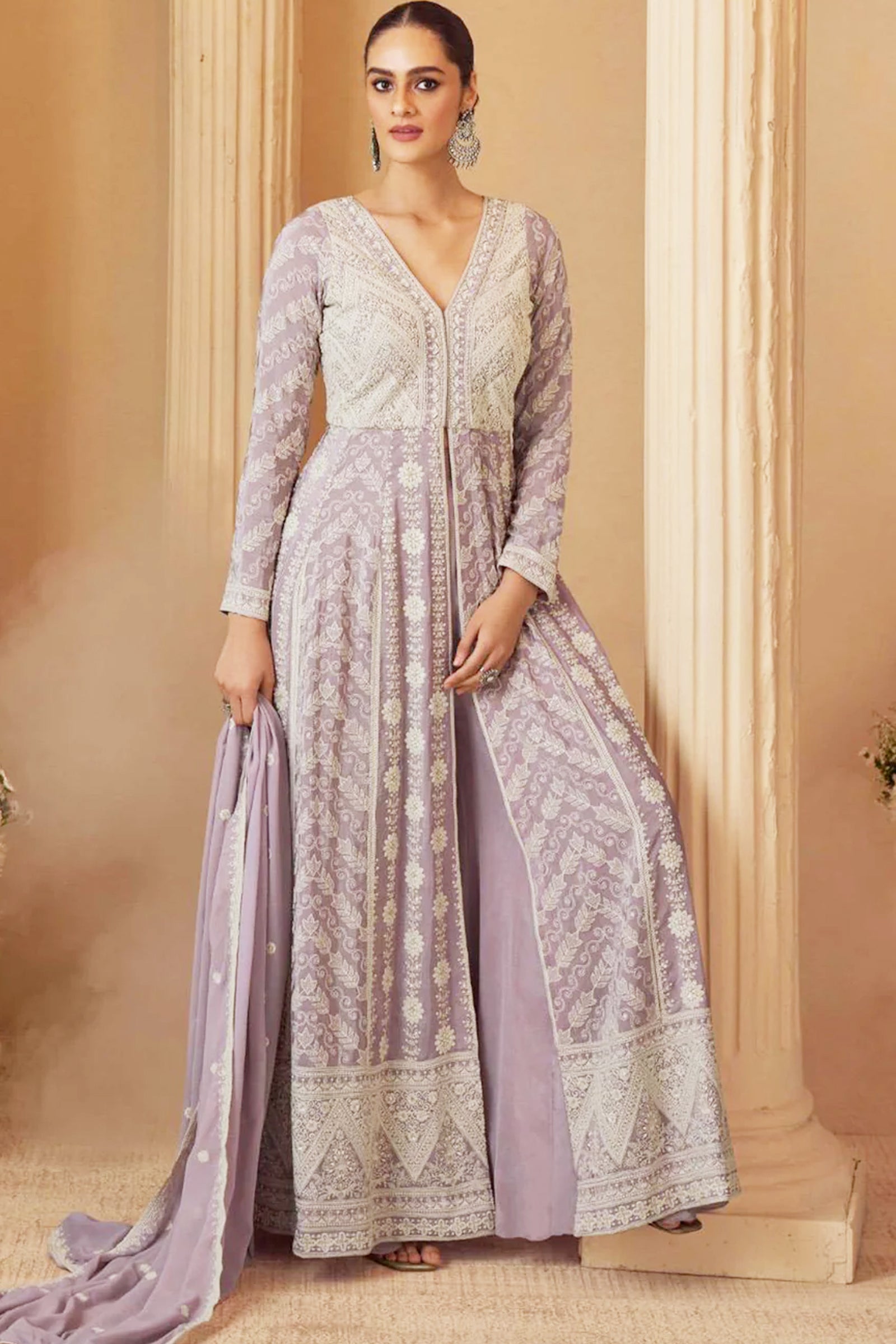 Lavender Georgette Front-Slit Anarkali with Intricate Ivory Threadwork