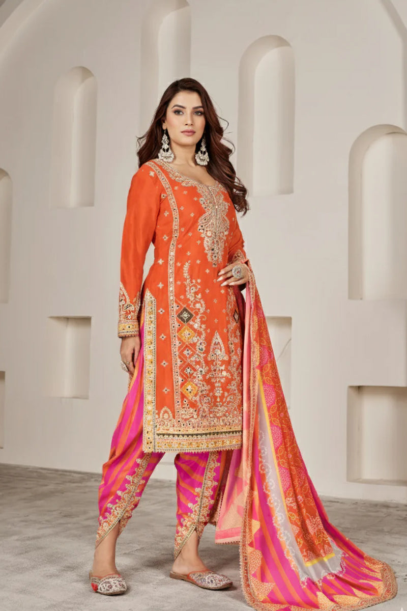 Orange Silk Suit with Zari Embroidery with Designer Dhoti Pant & Dupatta