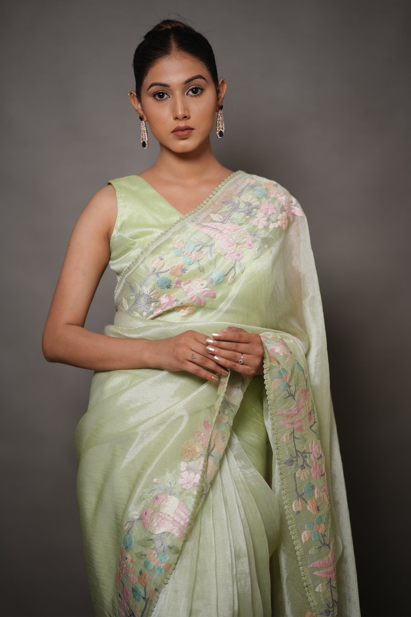 Pastel Mint Green Tissue Silk Saree with Floral Embroidery