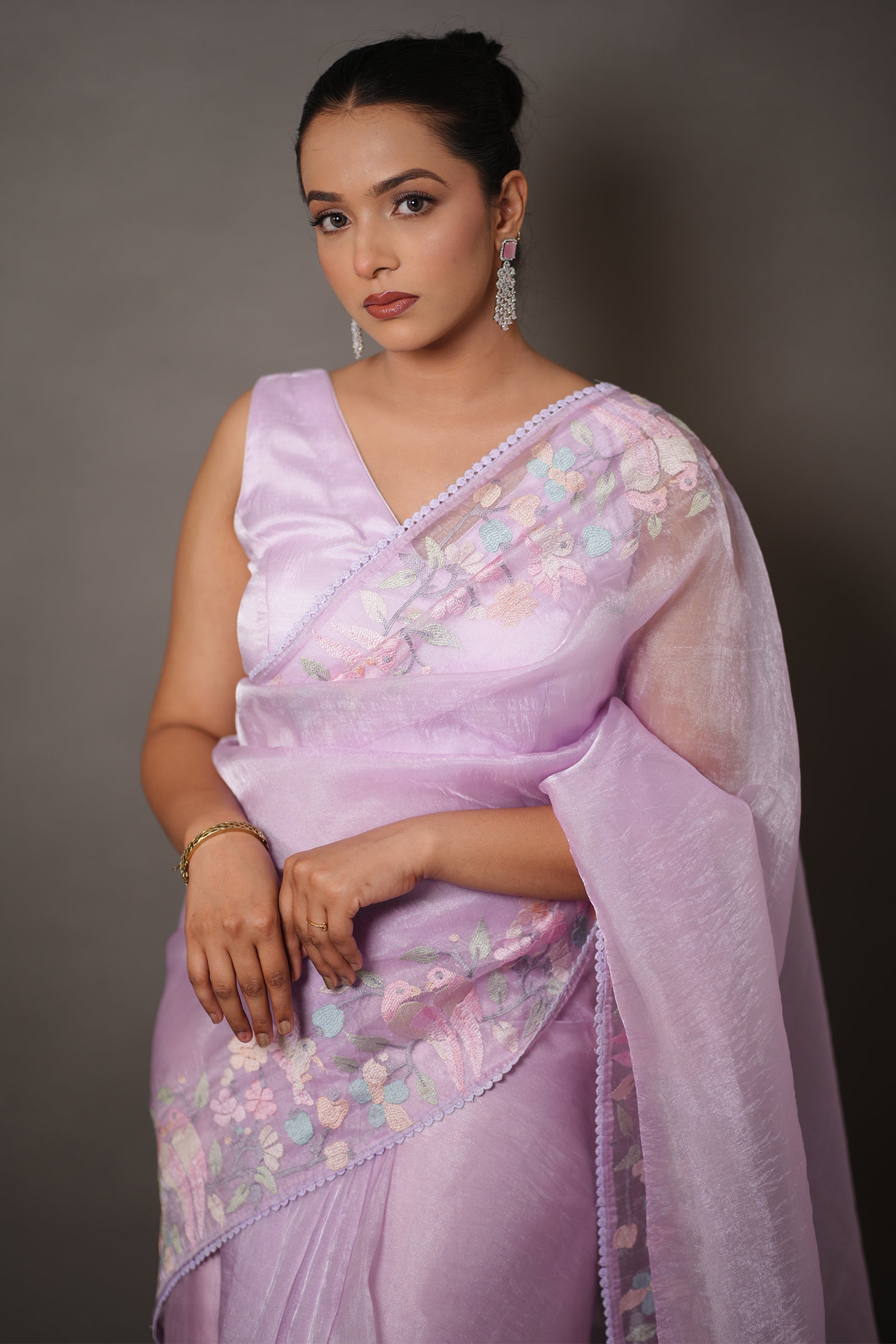Lavender Tissue Silk Saree with Pastel Floral Embroidery