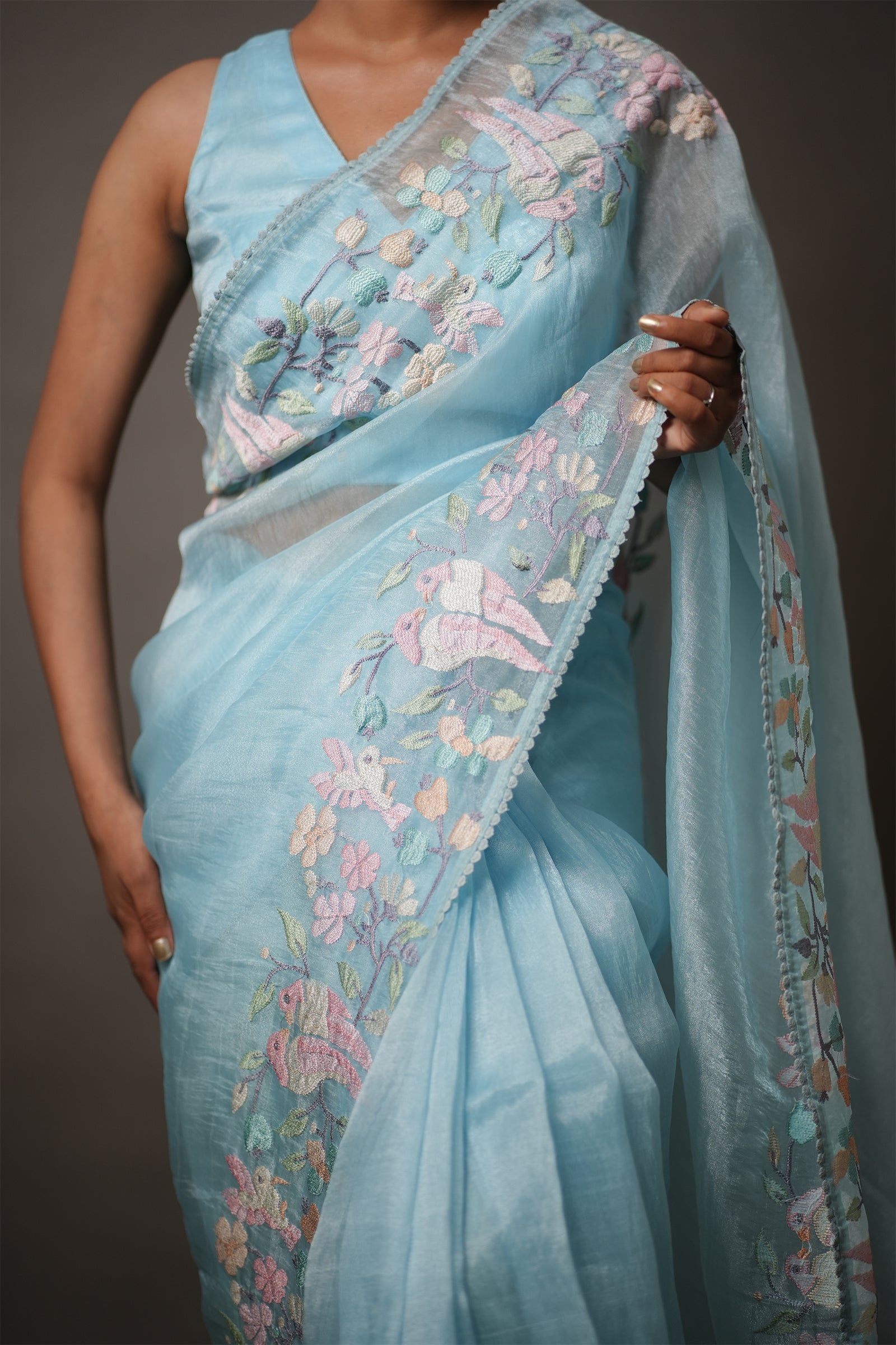 Sky Blue Tissue Silk Saree with Pastel Floral Embroidery