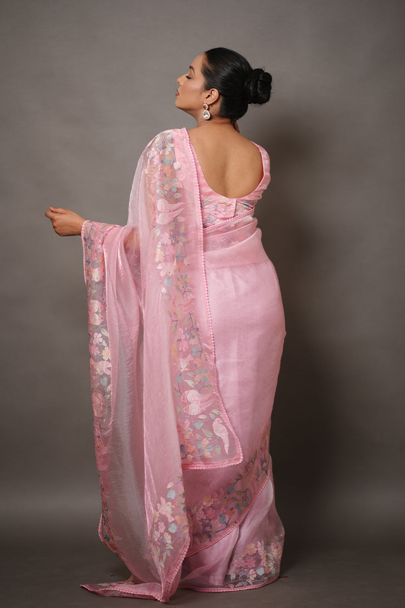 Soft Pink Tissue Silk Saree with Pastel Floral Embroidery
