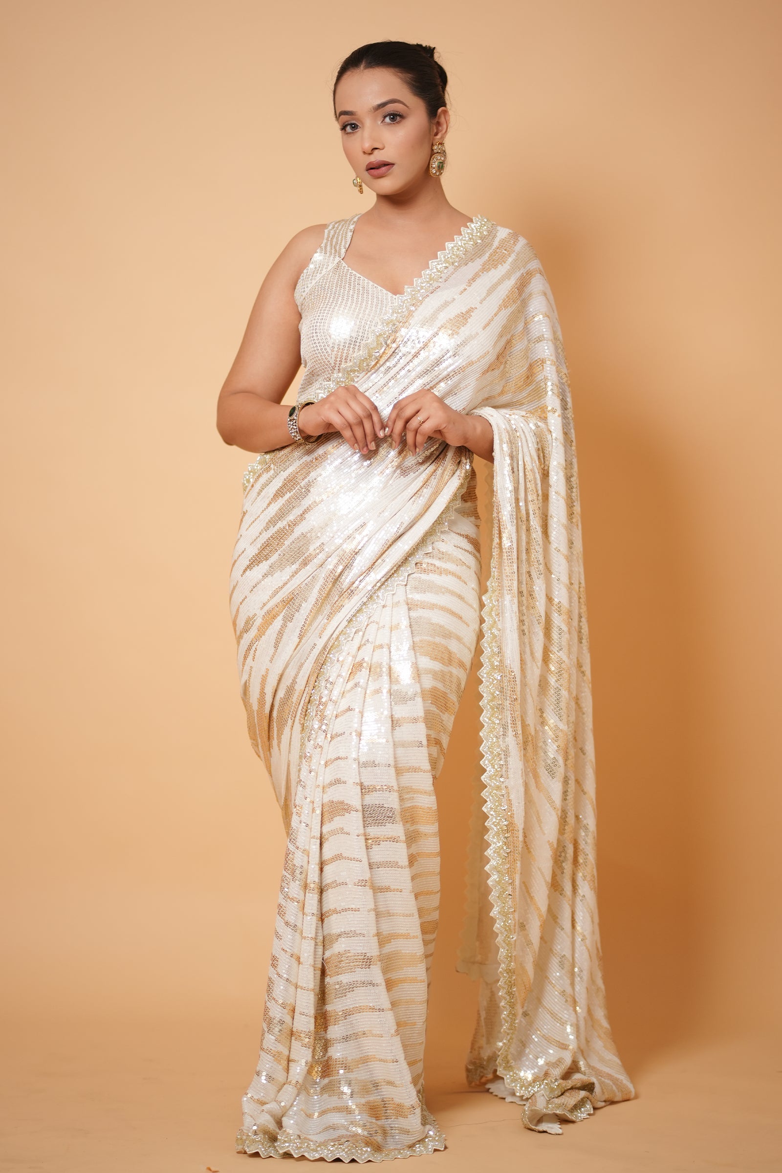 White & Champagne Gold Striped Sequin Embroidery Saree
