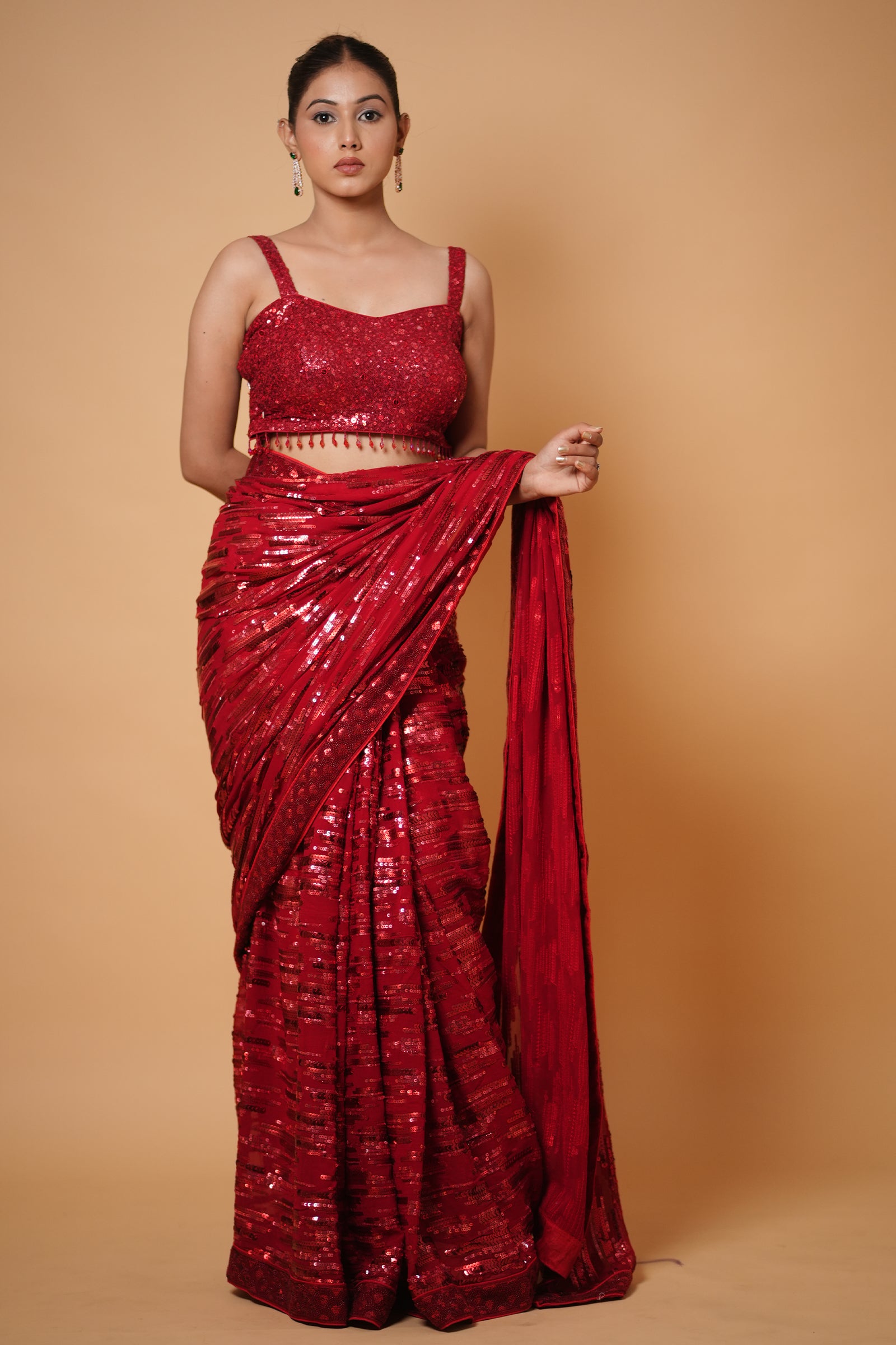 Turn Heads in the Mayrake Crimson Red Sequin Saree