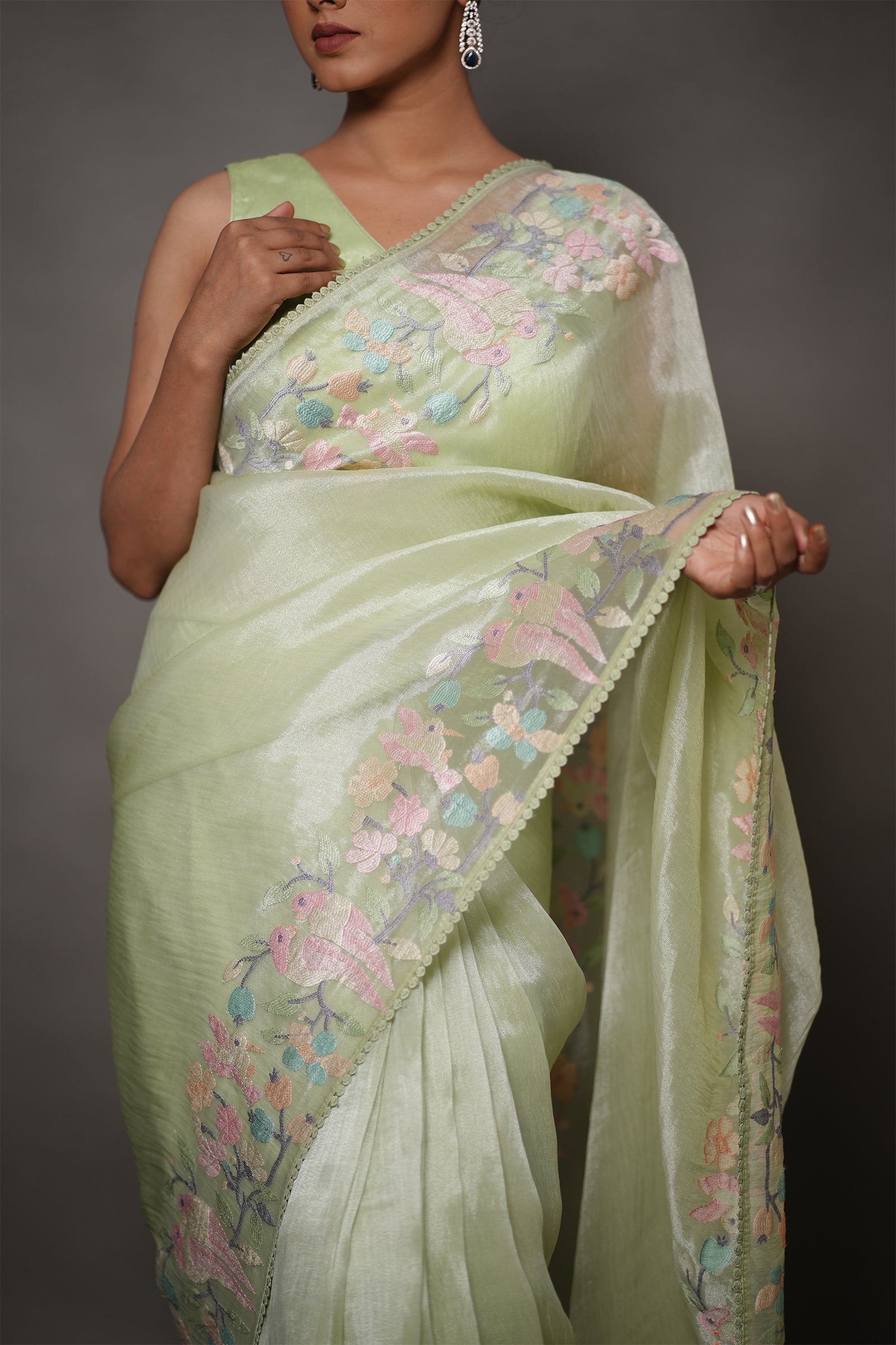 Pastel Mint Green Tissue Silk Saree with Floral Embroidery