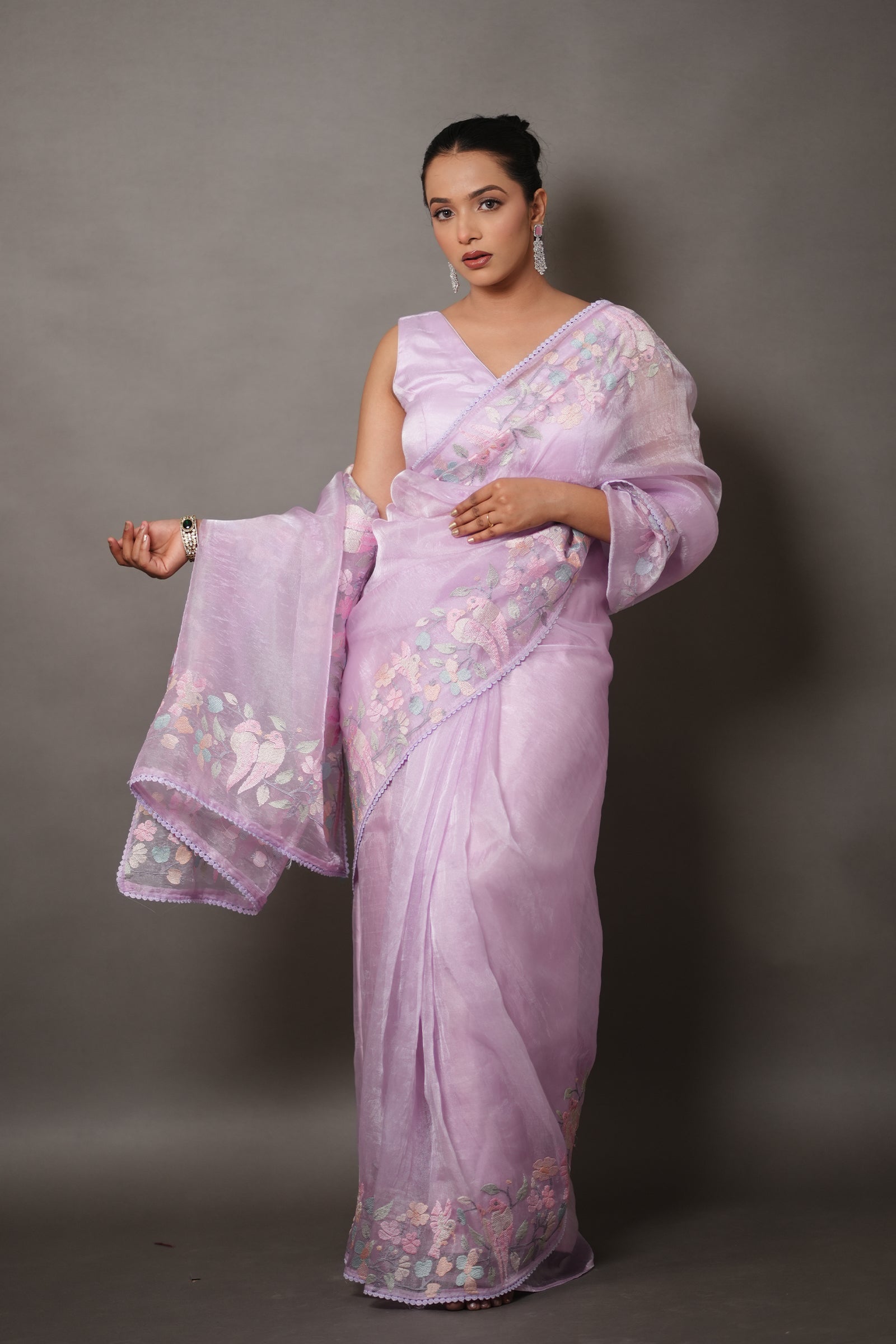 Lavender Tissue Silk Saree with Pastel Floral Embroidery