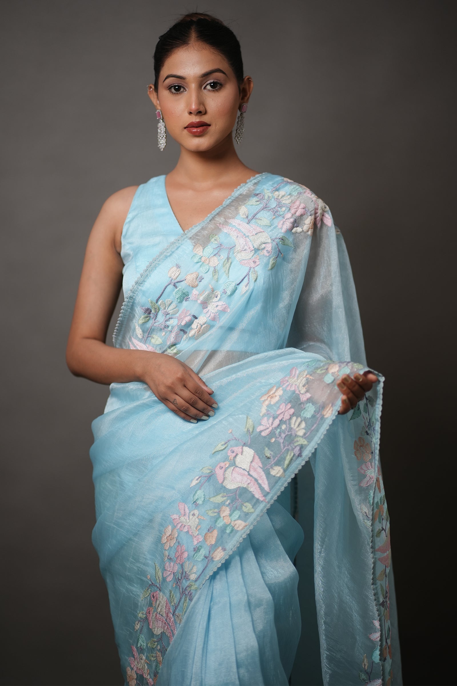 Sky Blue Tissue Silk Saree with Pastel Floral Embroidery