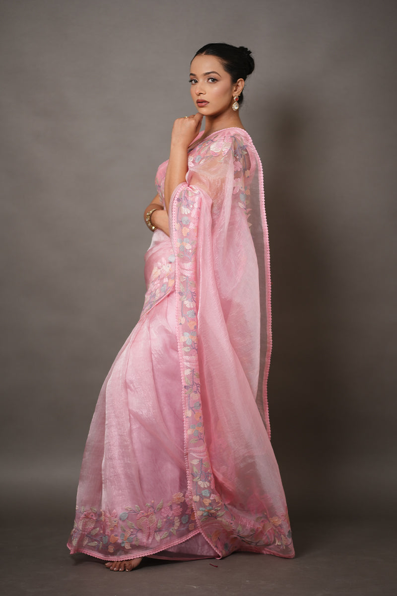 Soft Pink Tissue Silk Saree with Pastel Floral Embroidery