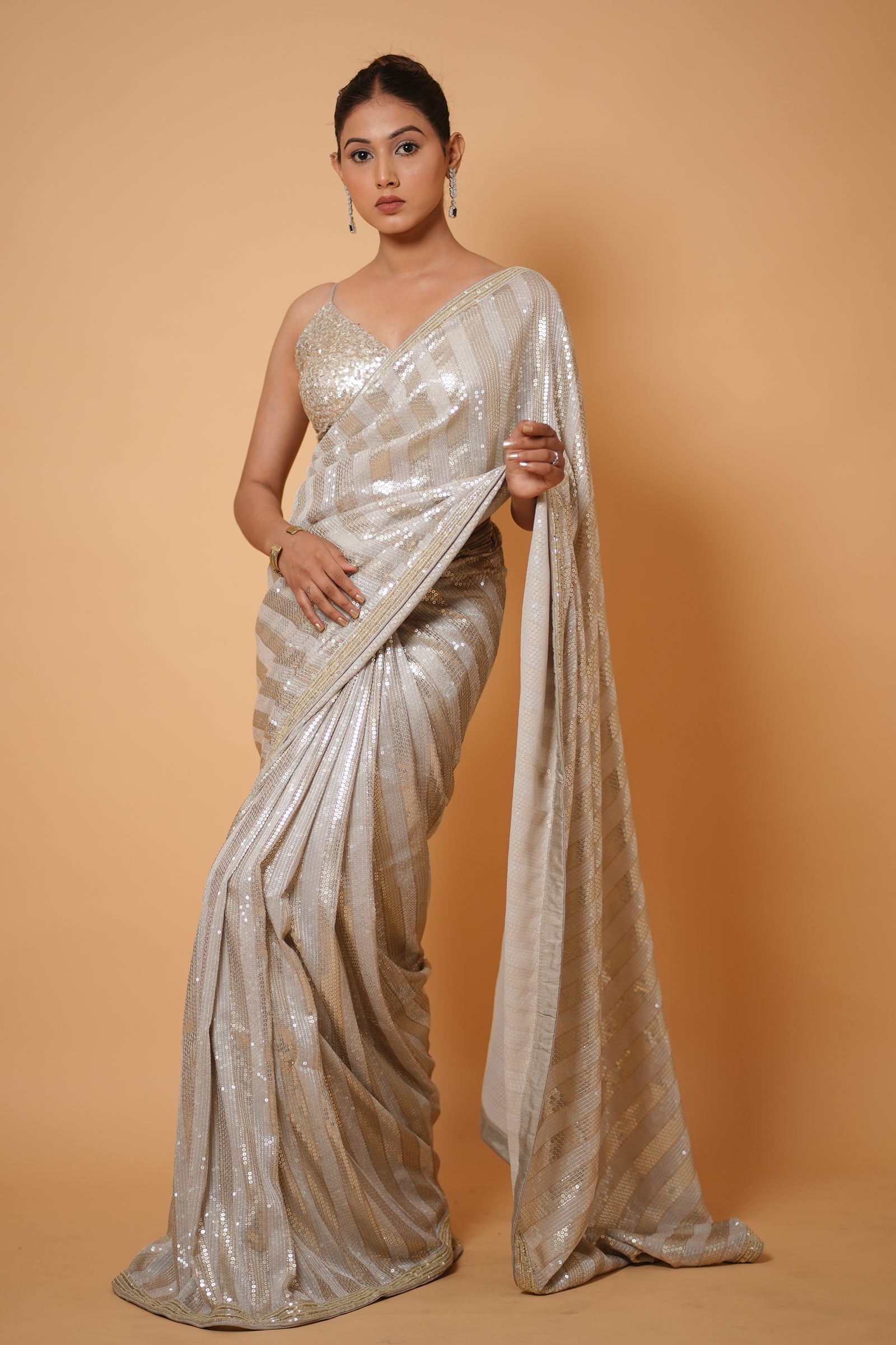 Off-White & Gold Diagonal Striped Sequin Embroidery Saree