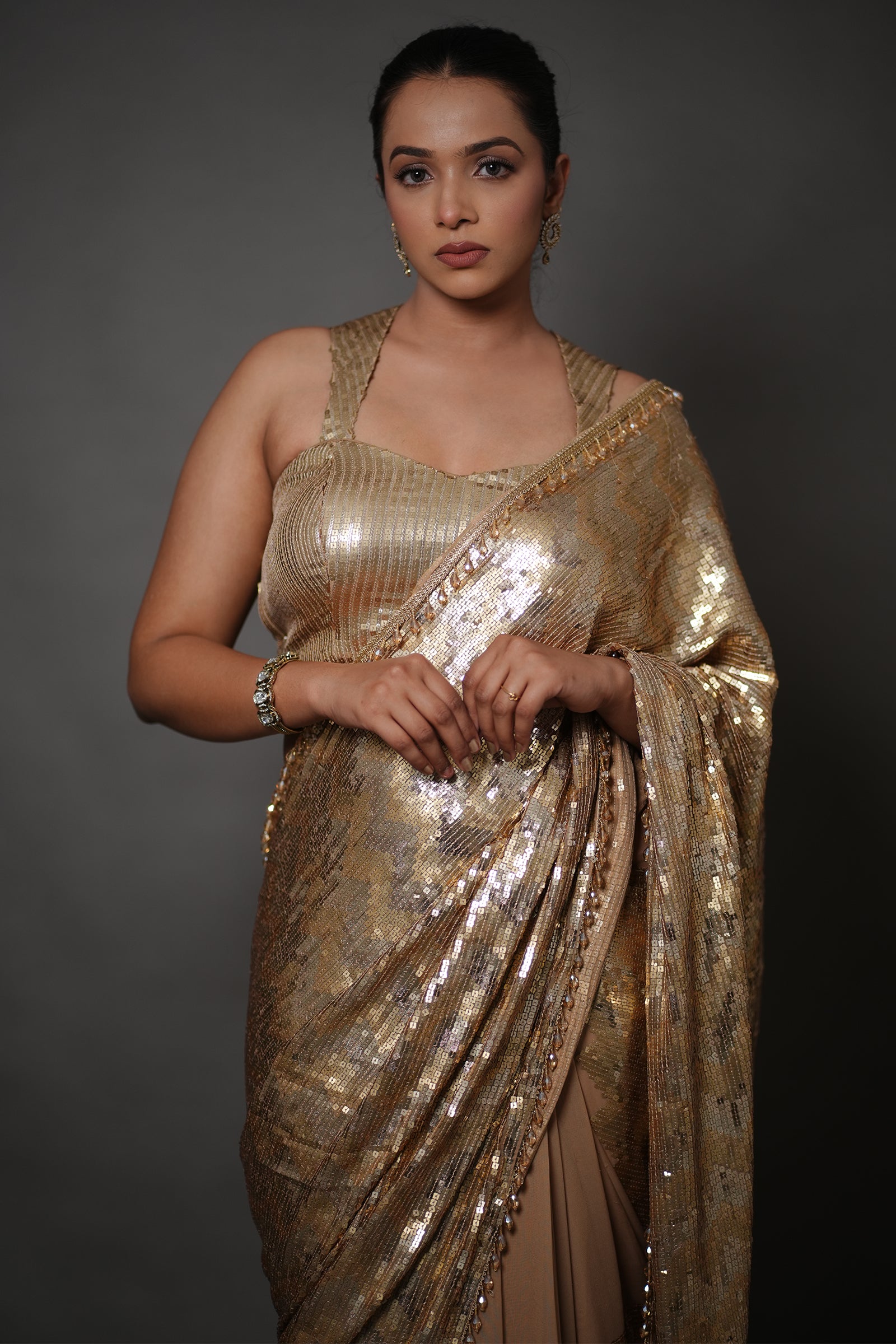 Champagne Gold All-Over Sequin Saree with Beaded Border