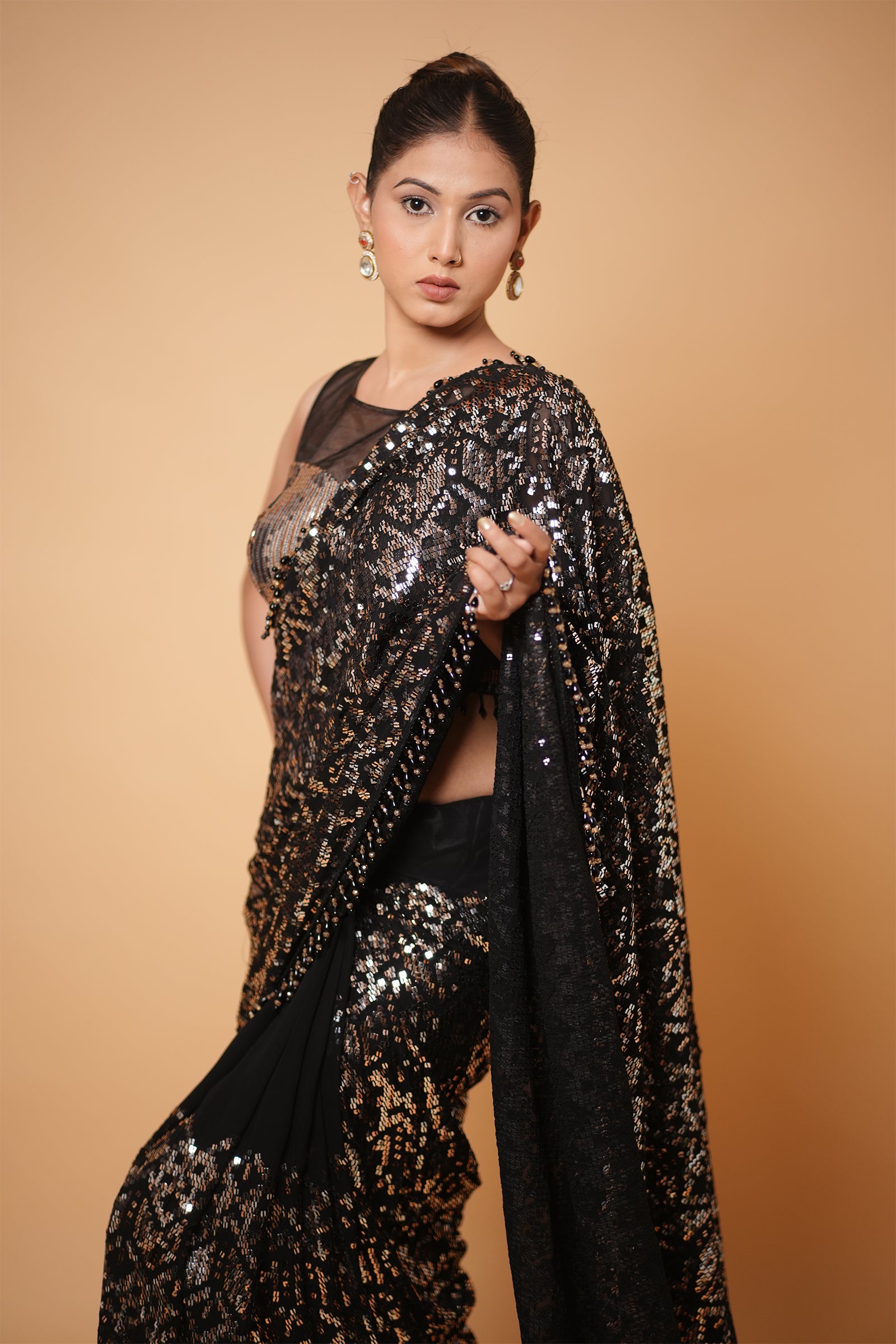 Black Georgette Saree with All-Over Gold Sequin Embroidery With Ready Made Blouse