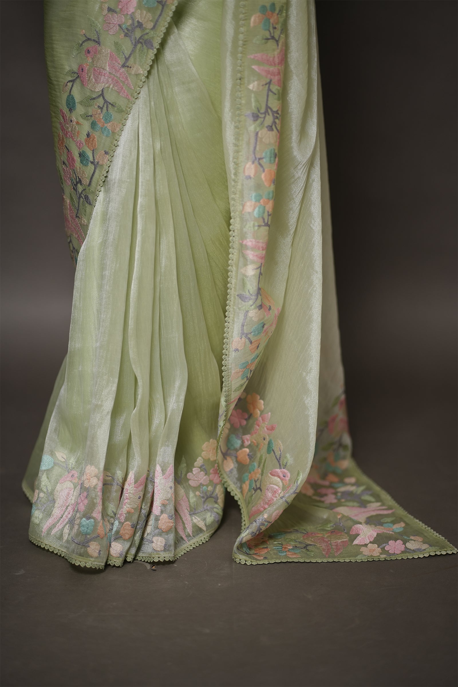 Pastel Mint Green Tissue Silk Saree with Floral Embroidery