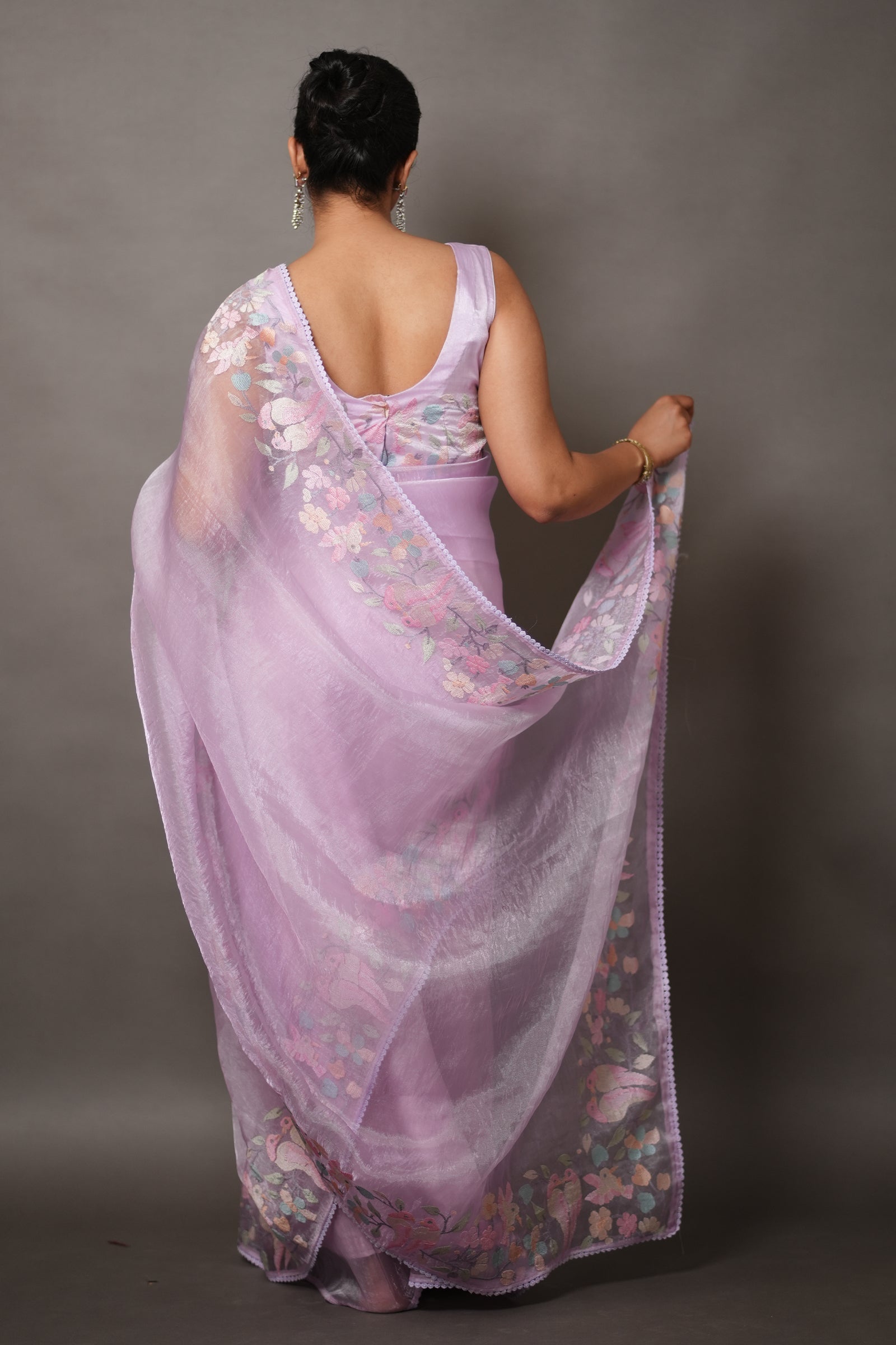 Lavender Tissue Silk Saree with Pastel Floral Embroidery