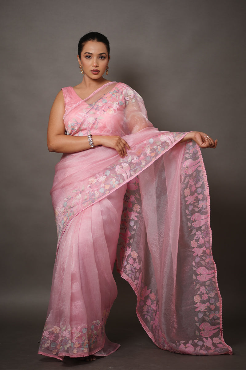Soft Pink Tissue Silk Saree with Pastel Floral Embroidery