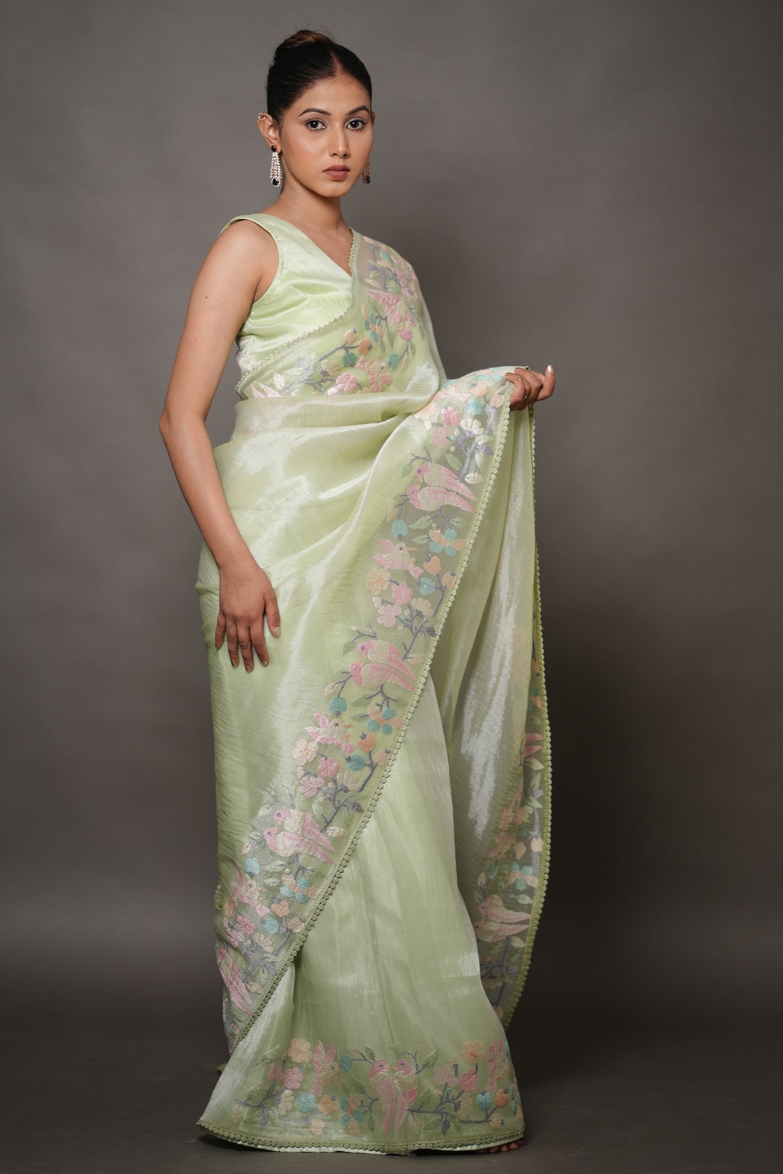 Pastel Mint Green Tissue Silk Saree with Floral Embroidery