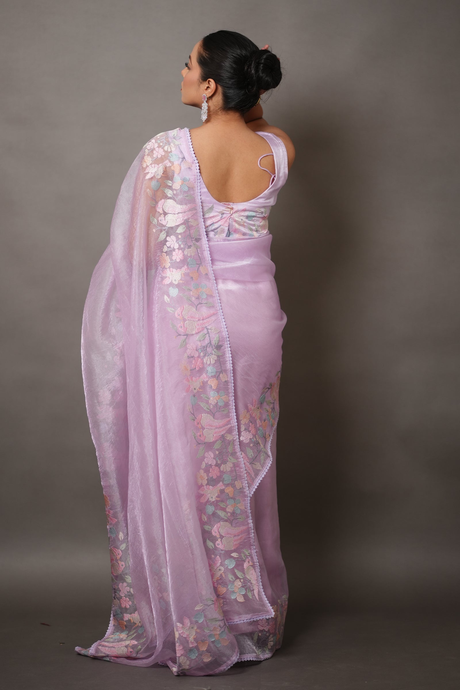 Lavender Tissue Silk Saree with Pastel Floral Embroidery