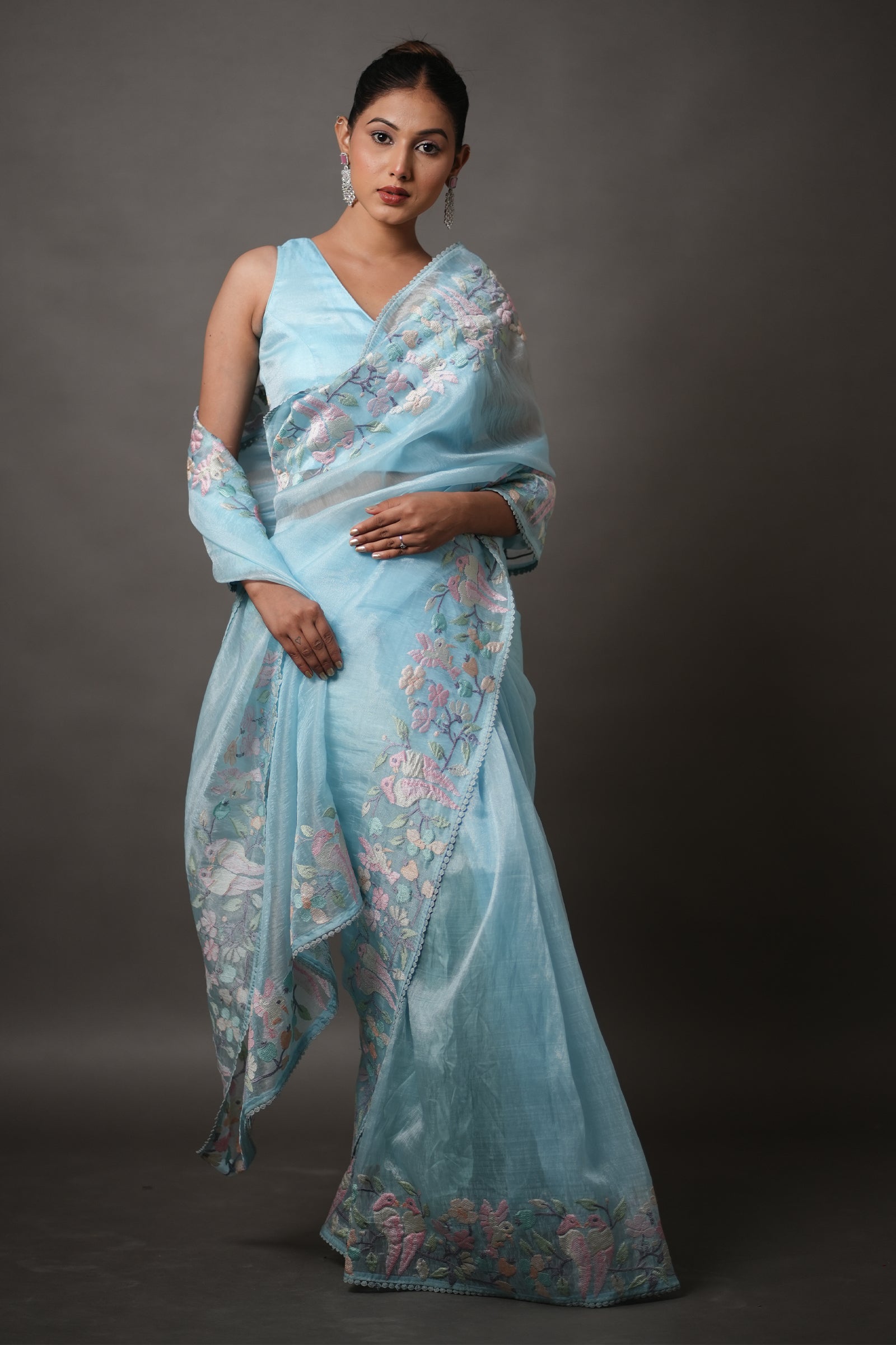 Sky Blue Tissue Silk Saree with Pastel Floral Embroidery
