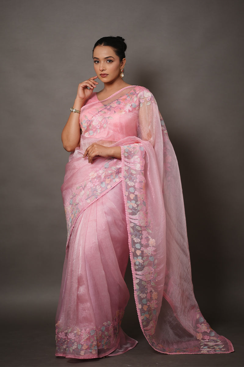 Soft Pink Tissue Silk Saree with Pastel Floral Embroidery
