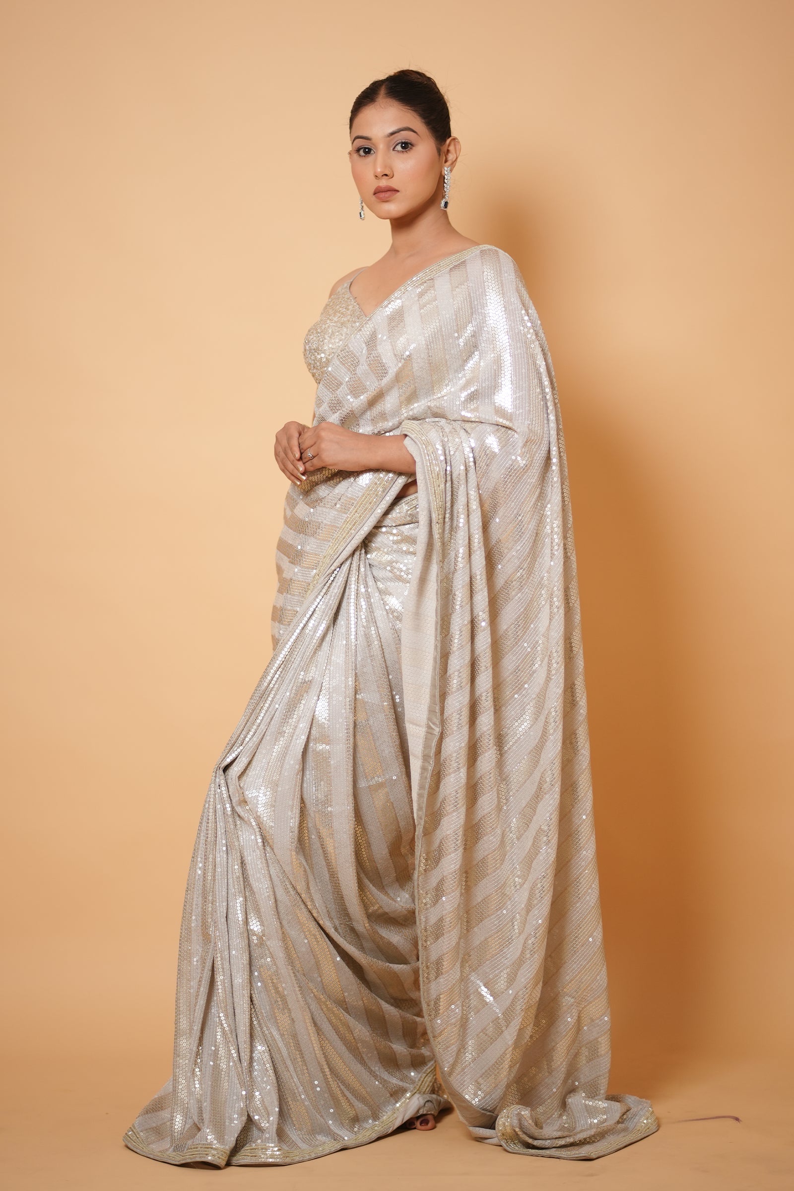 Off-White & Gold Diagonal Striped Sequin Embroidery Saree