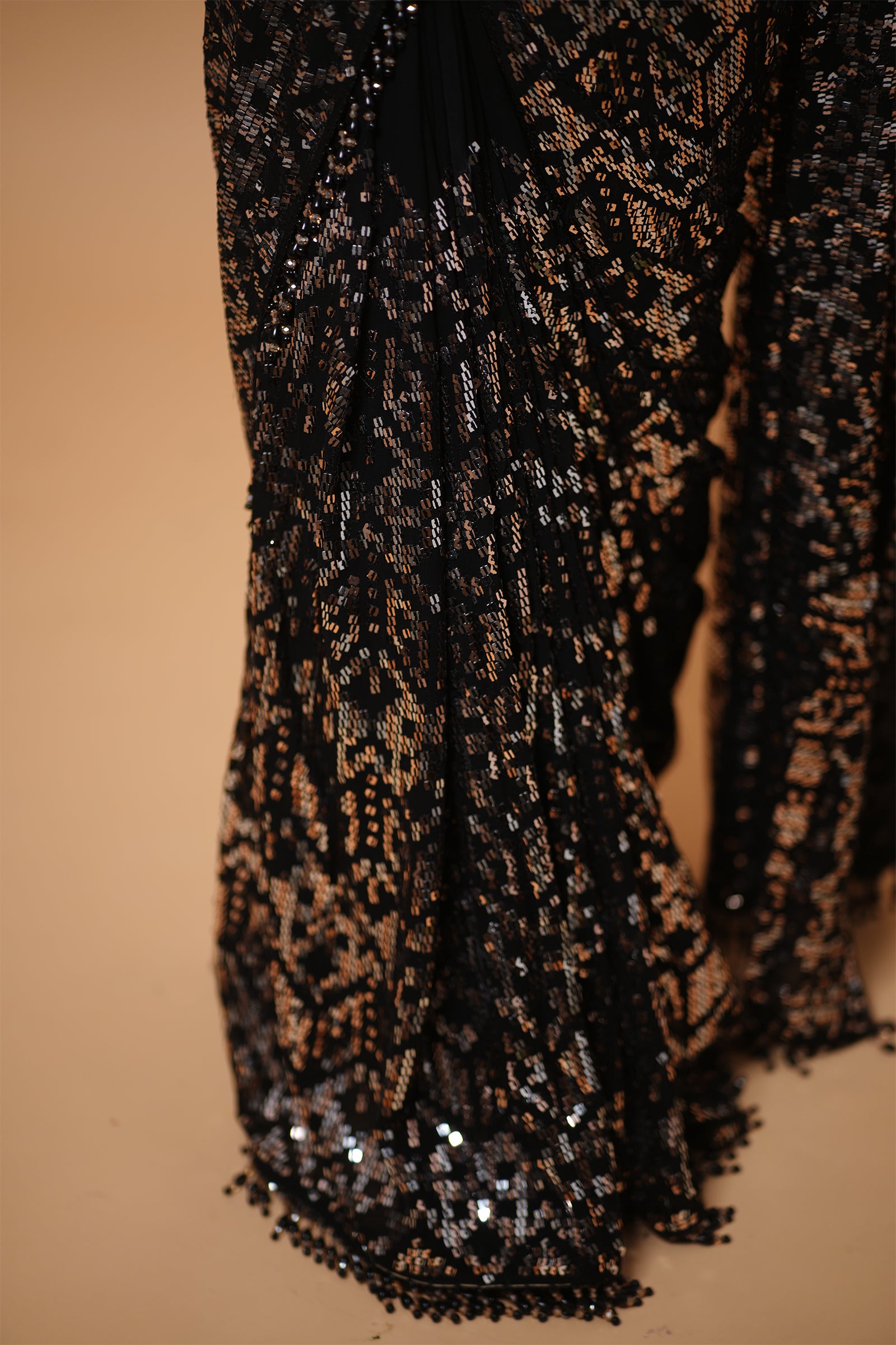 Black Georgette Saree with All-Over Gold Sequin Embroidery With Ready Made Blouse