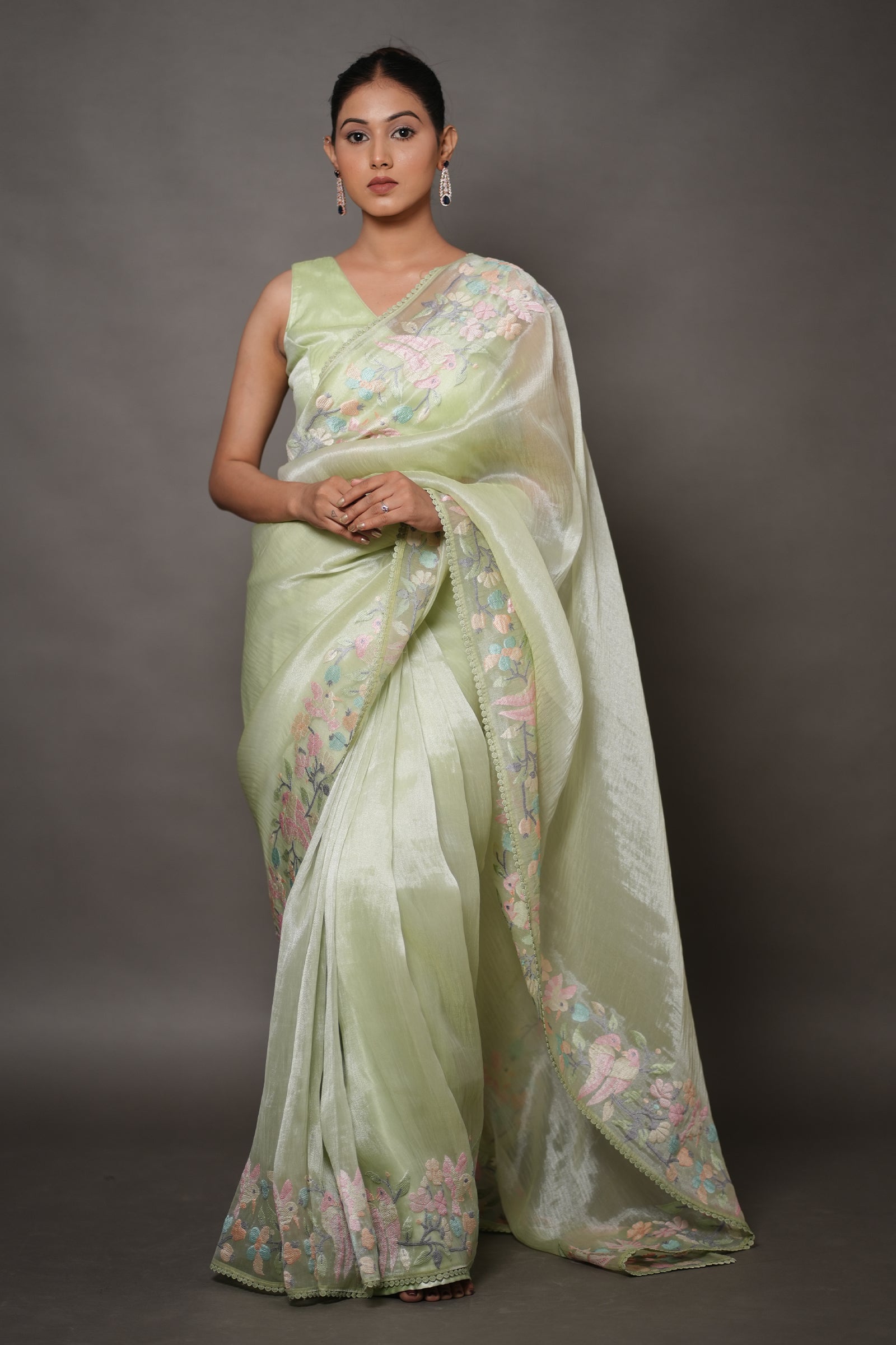 Pastel Mint Green Tissue Silk Saree with Floral Embroidery