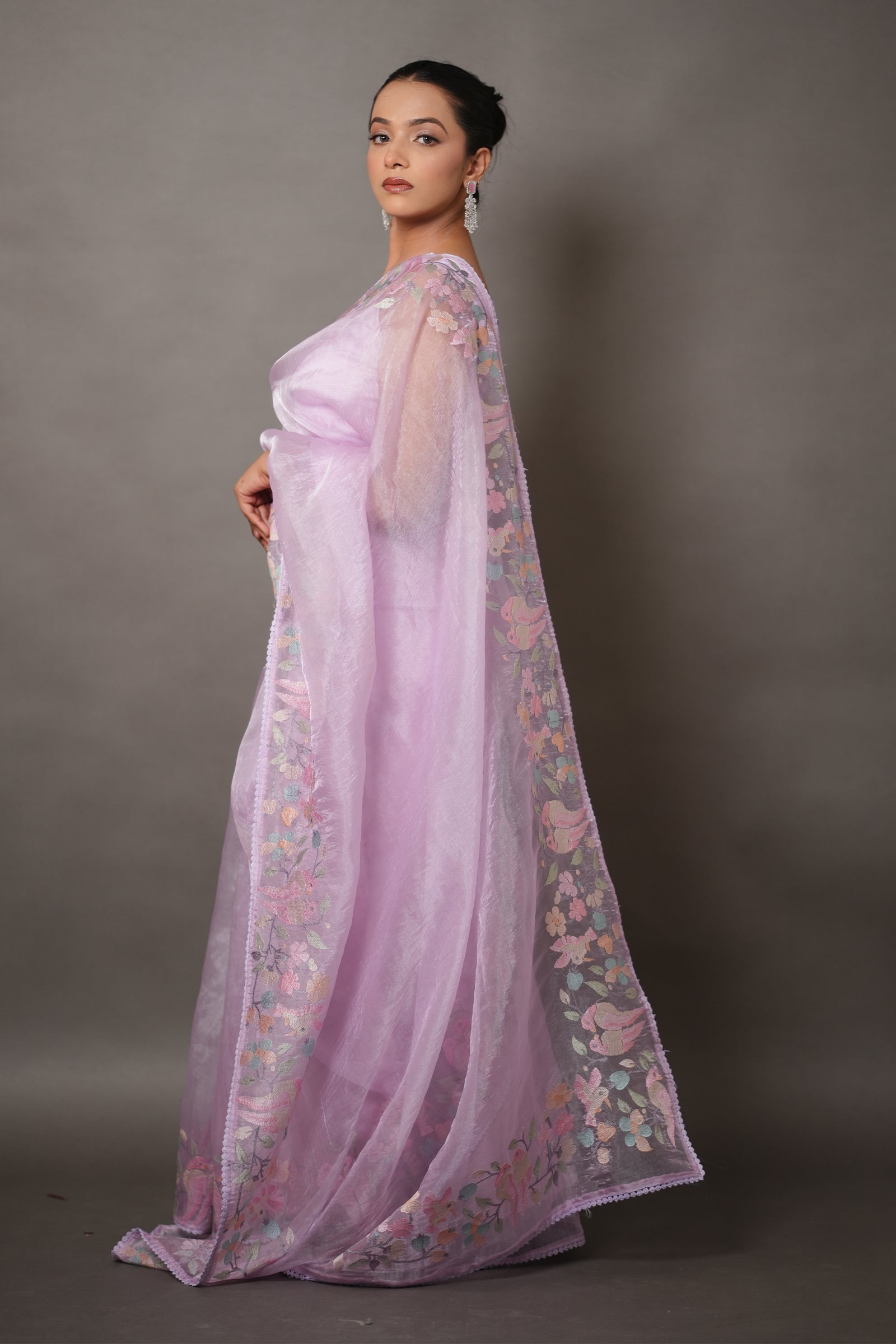 Lavender Tissue Silk Saree with Pastel Floral Embroidery