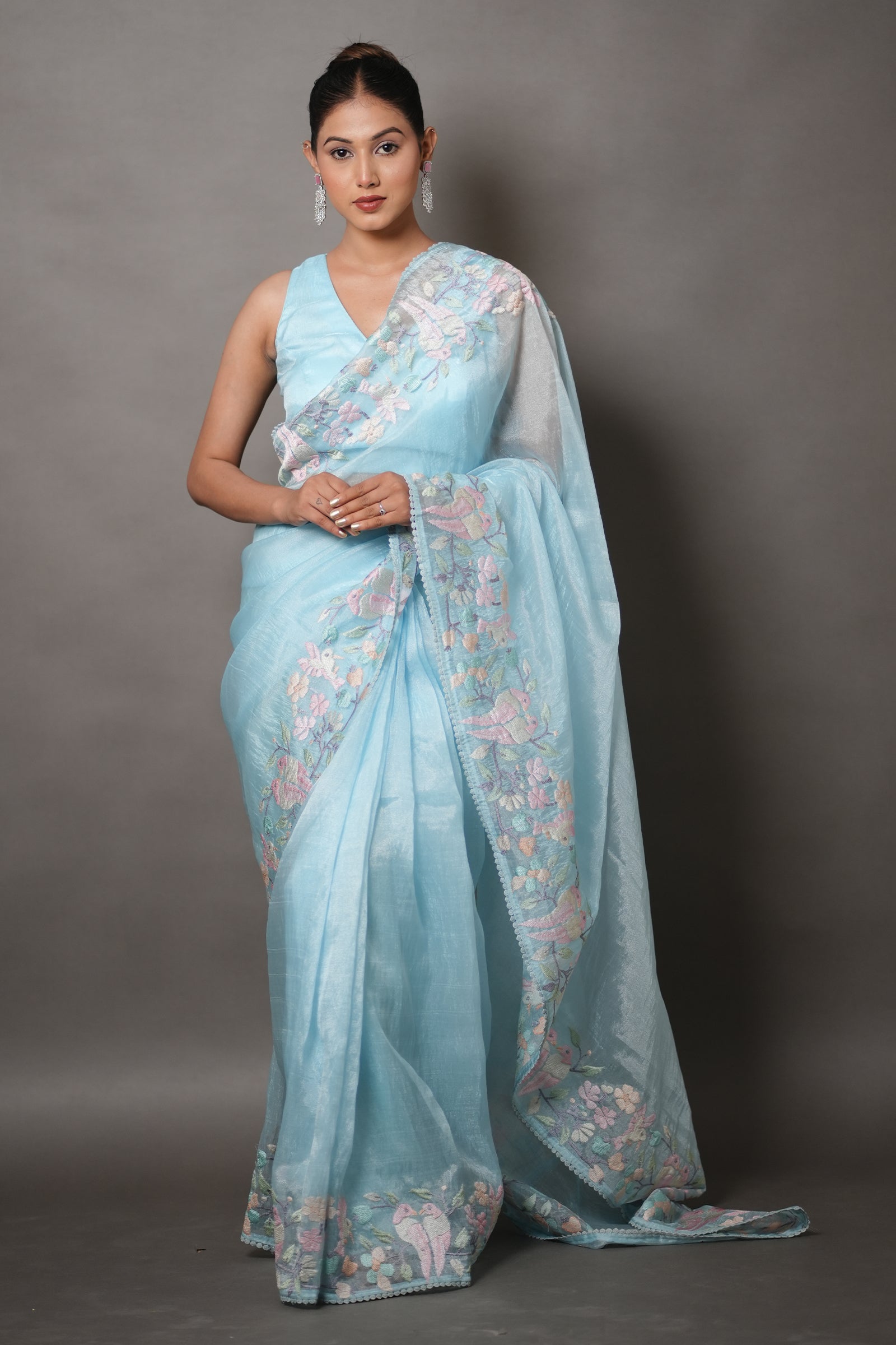 Sky Blue Tissue Silk Saree with Pastel Floral Embroidery