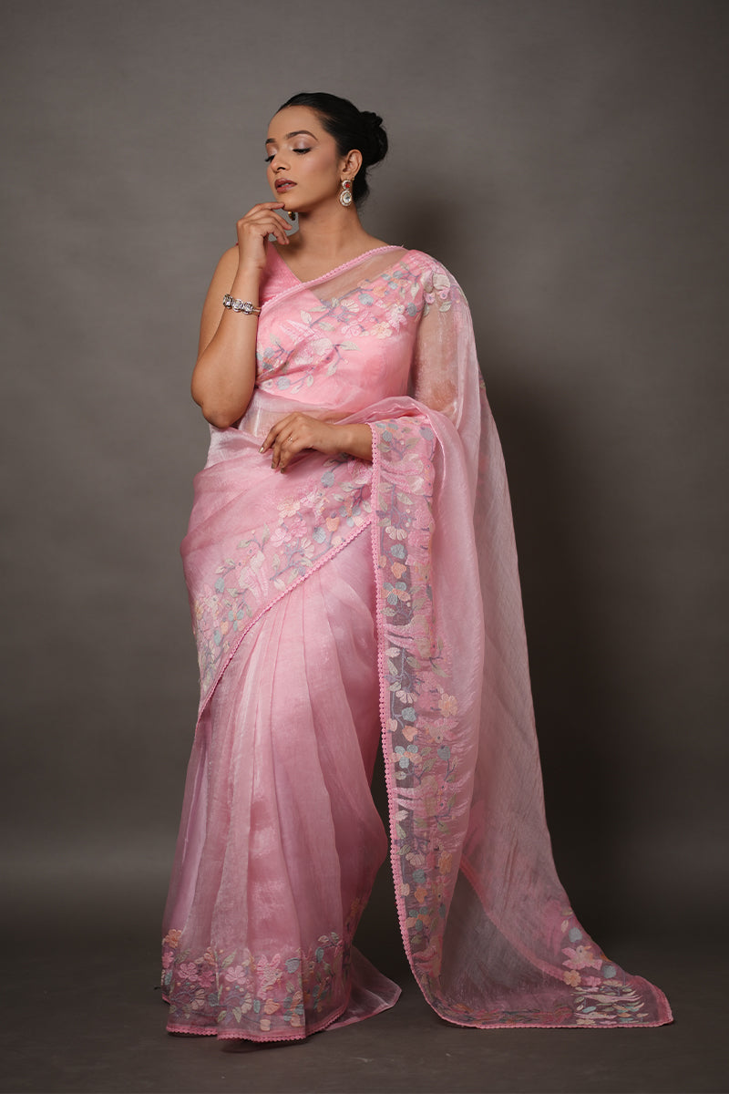 Soft Pink Tissue Silk Saree with Pastel Floral Embroidery