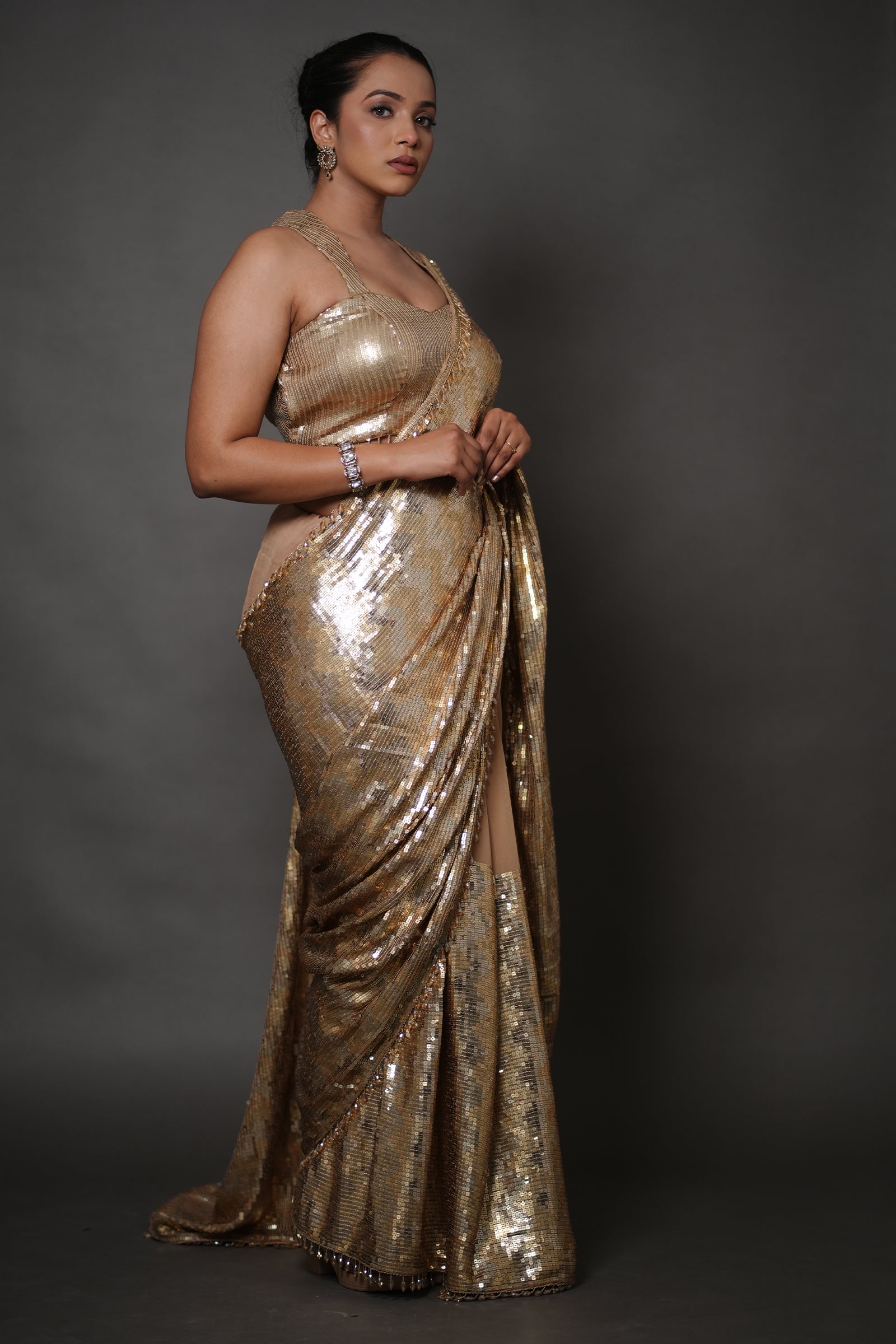 Champagne Gold All-Over Sequin Saree with Beaded Border