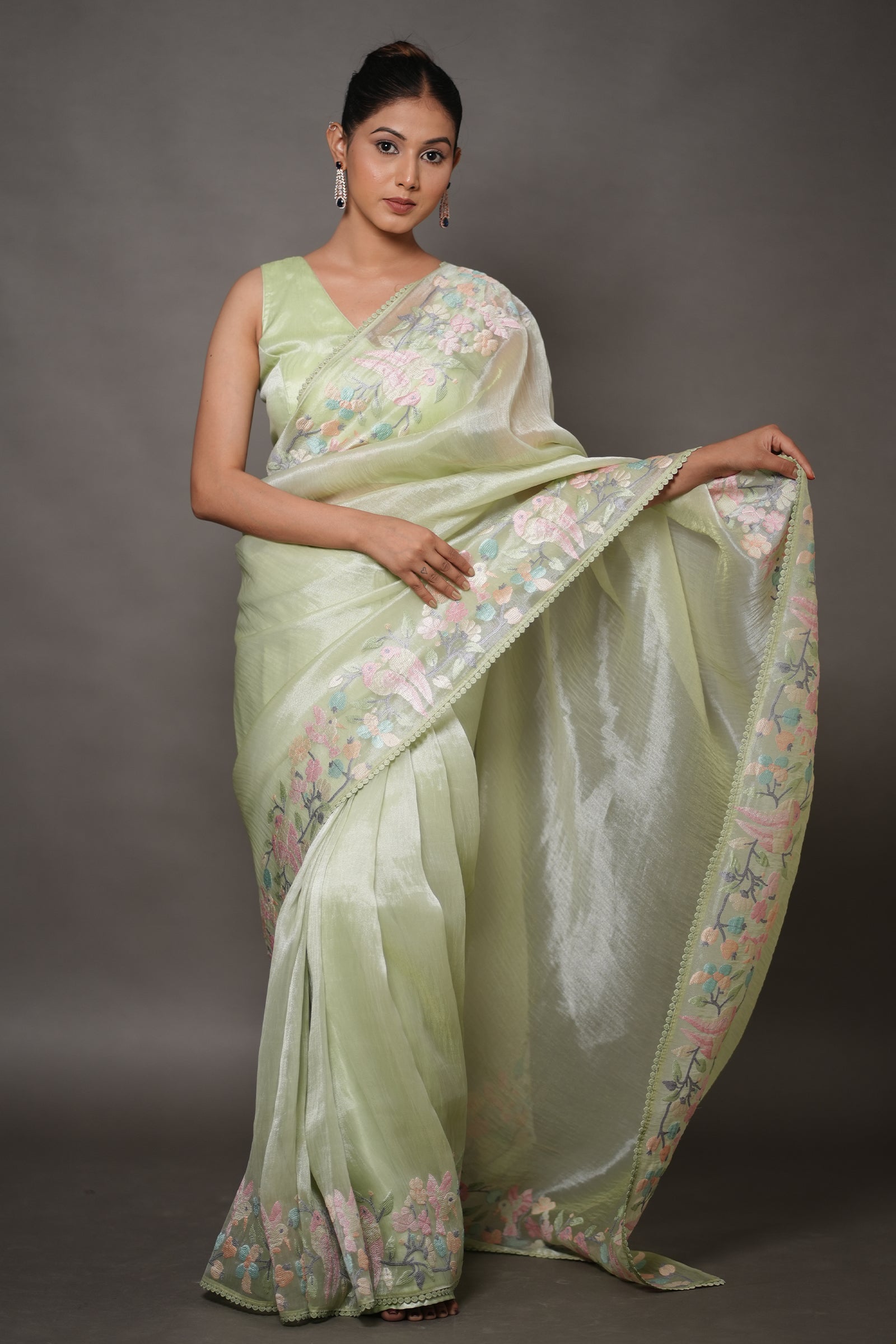 Pastel Mint Green Tissue Silk Saree with Floral Embroidery
