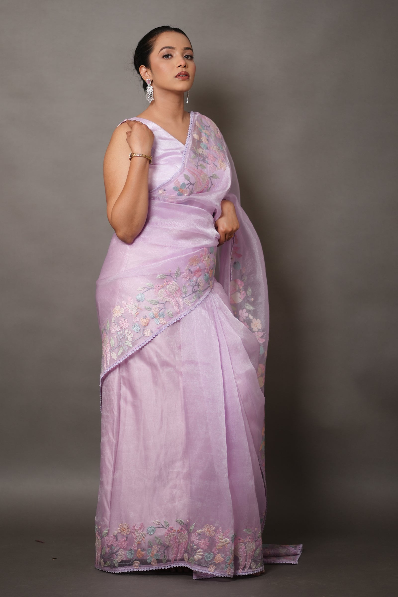 Lavender Tissue Silk Saree with Pastel Floral Embroidery