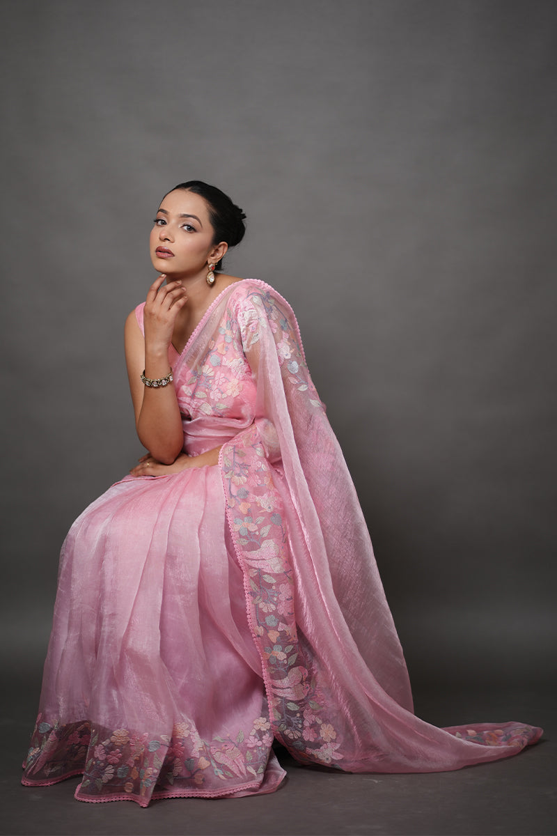 Soft Pink Tissue Silk Saree with Pastel Floral Embroidery
