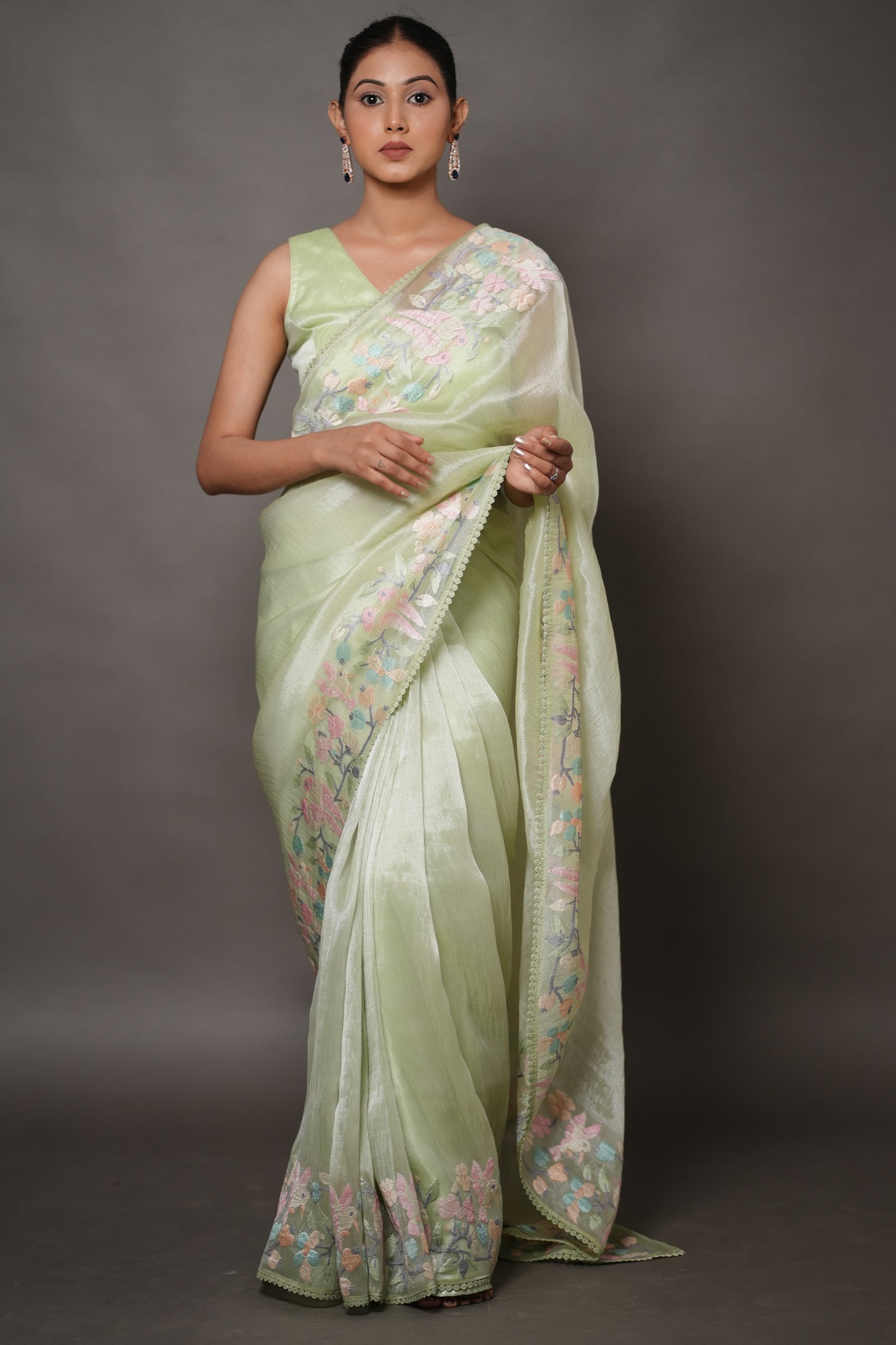 Pastel Mint Green Tissue Silk Saree with Floral Embroidery