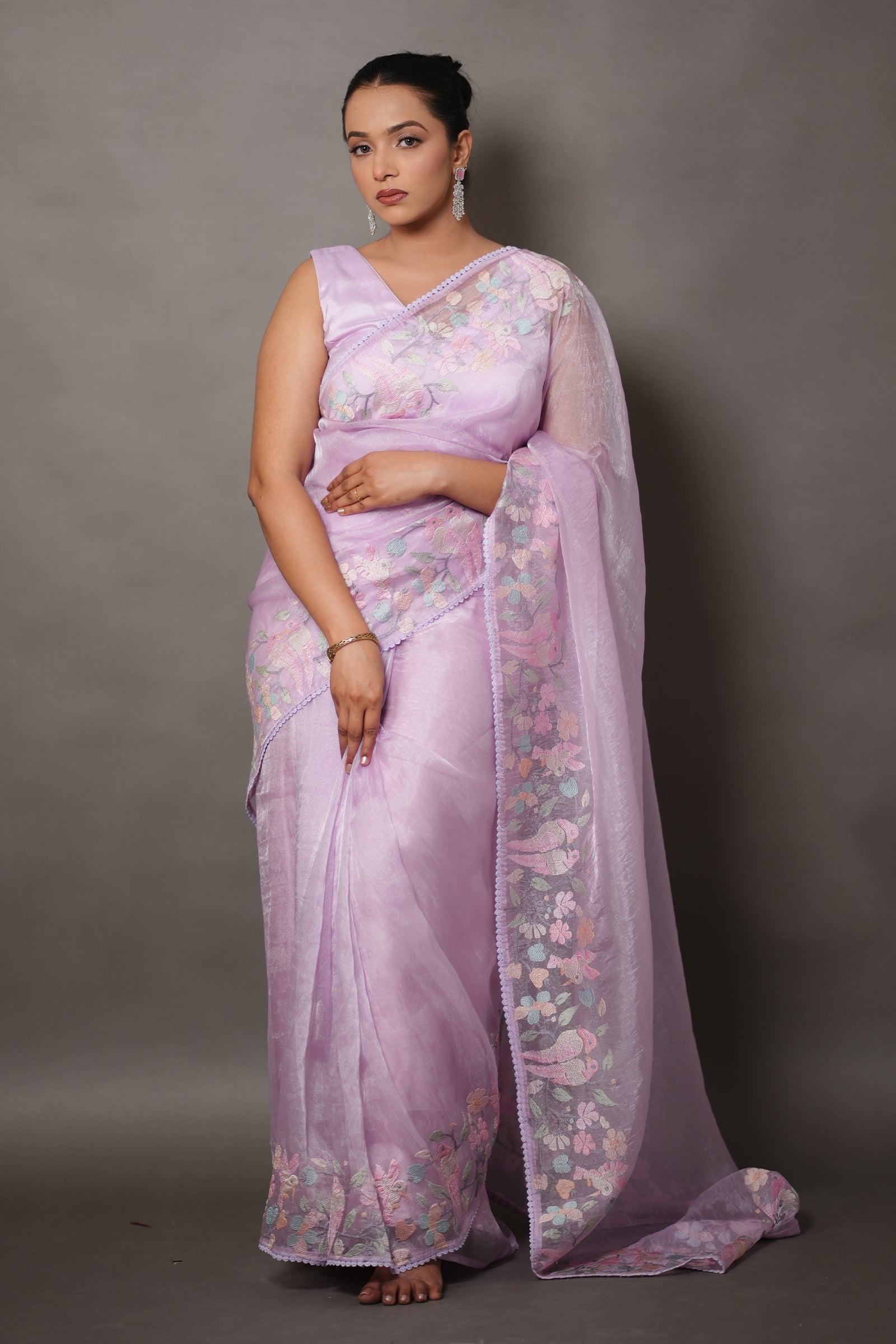 Lavender Tissue Silk Saree with Pastel Floral Embroidery
