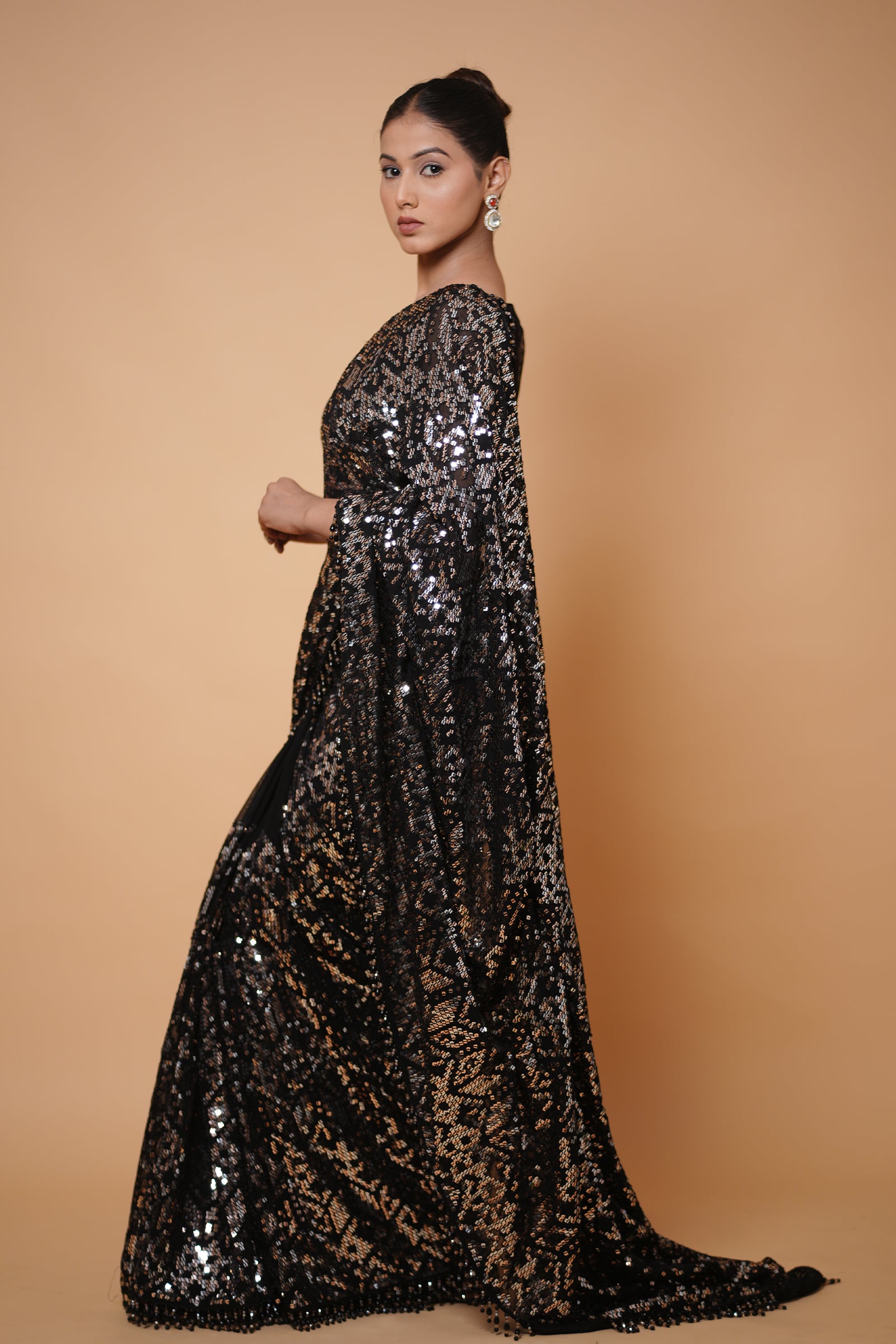Black Georgette Saree with All-Over Gold Sequin Embroidery With Ready Made Blouse