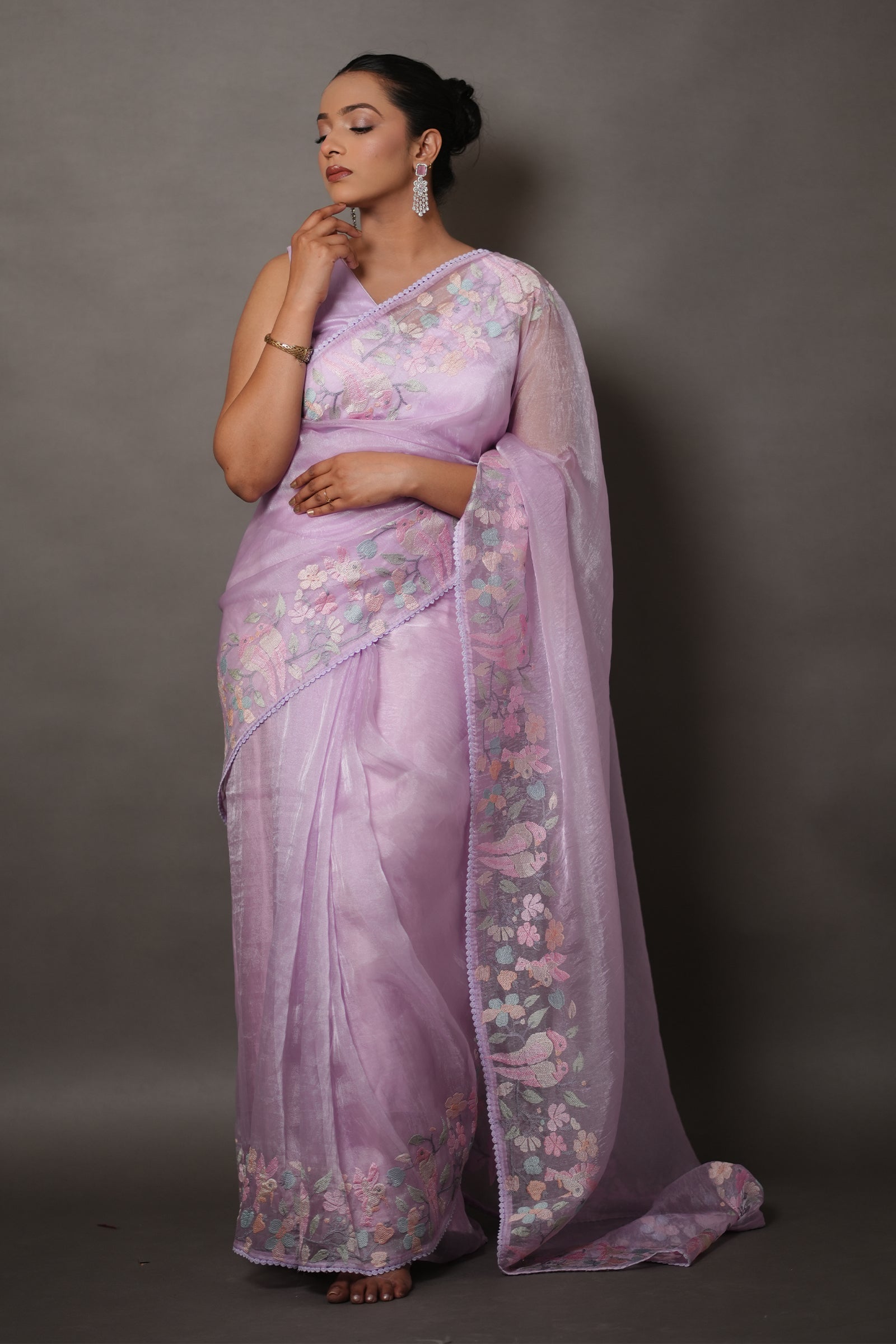 Lavender Tissue Silk Saree with Pastel Floral Embroidery