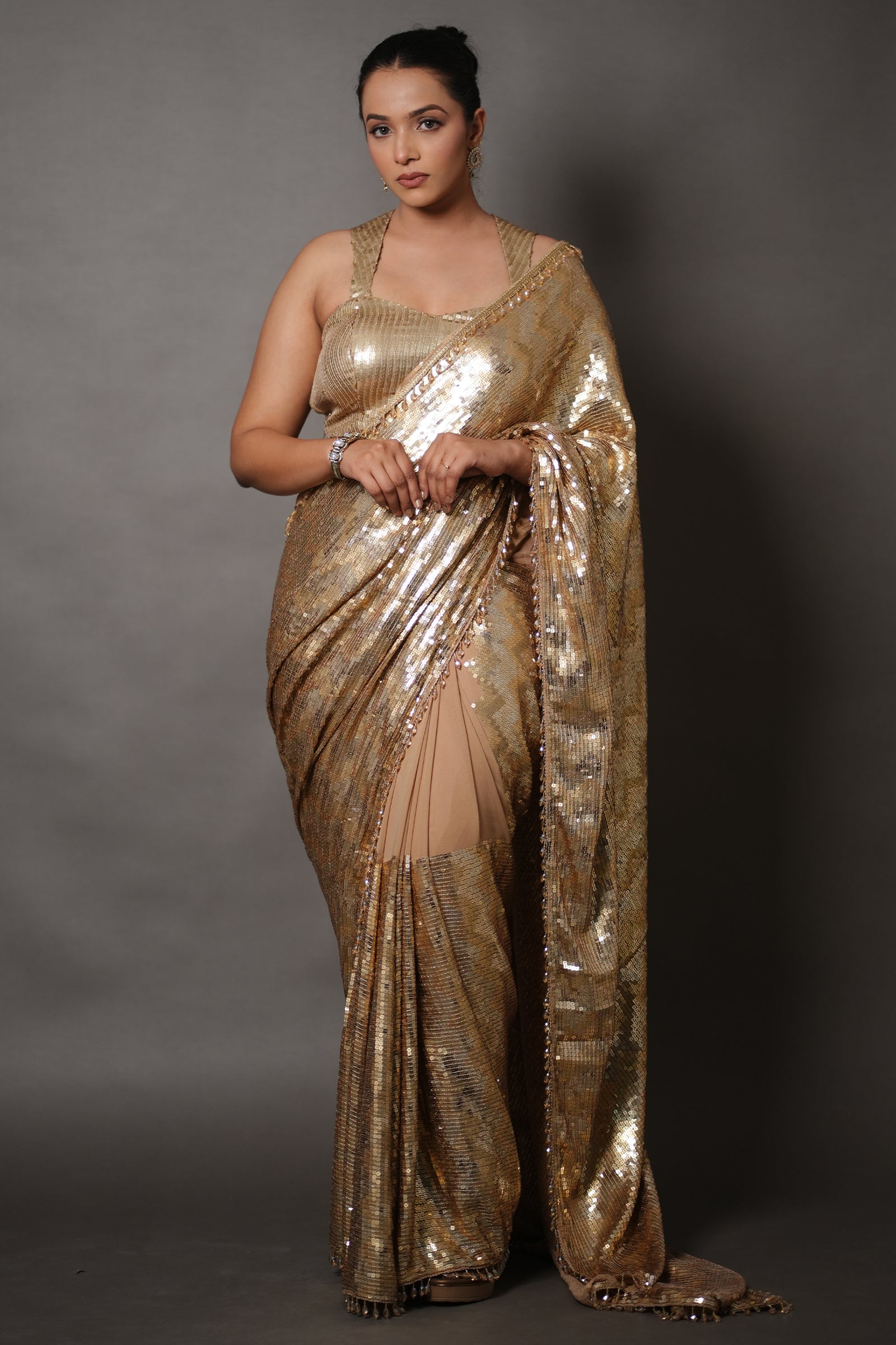 Champagne Gold All-Over Sequin Saree with Beaded Border