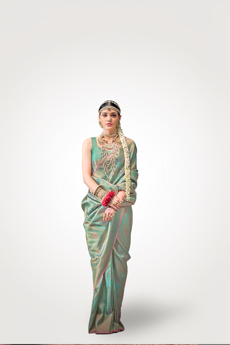 Two-Tone Green Weaving Silk Saree with Contrast Selvage Border