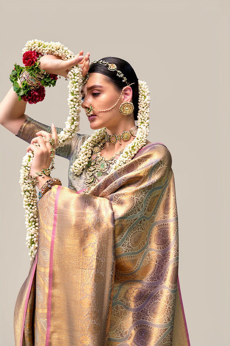 Two-Tone Peach Purple Weaving Silk Saree with Contrast Selvage Border