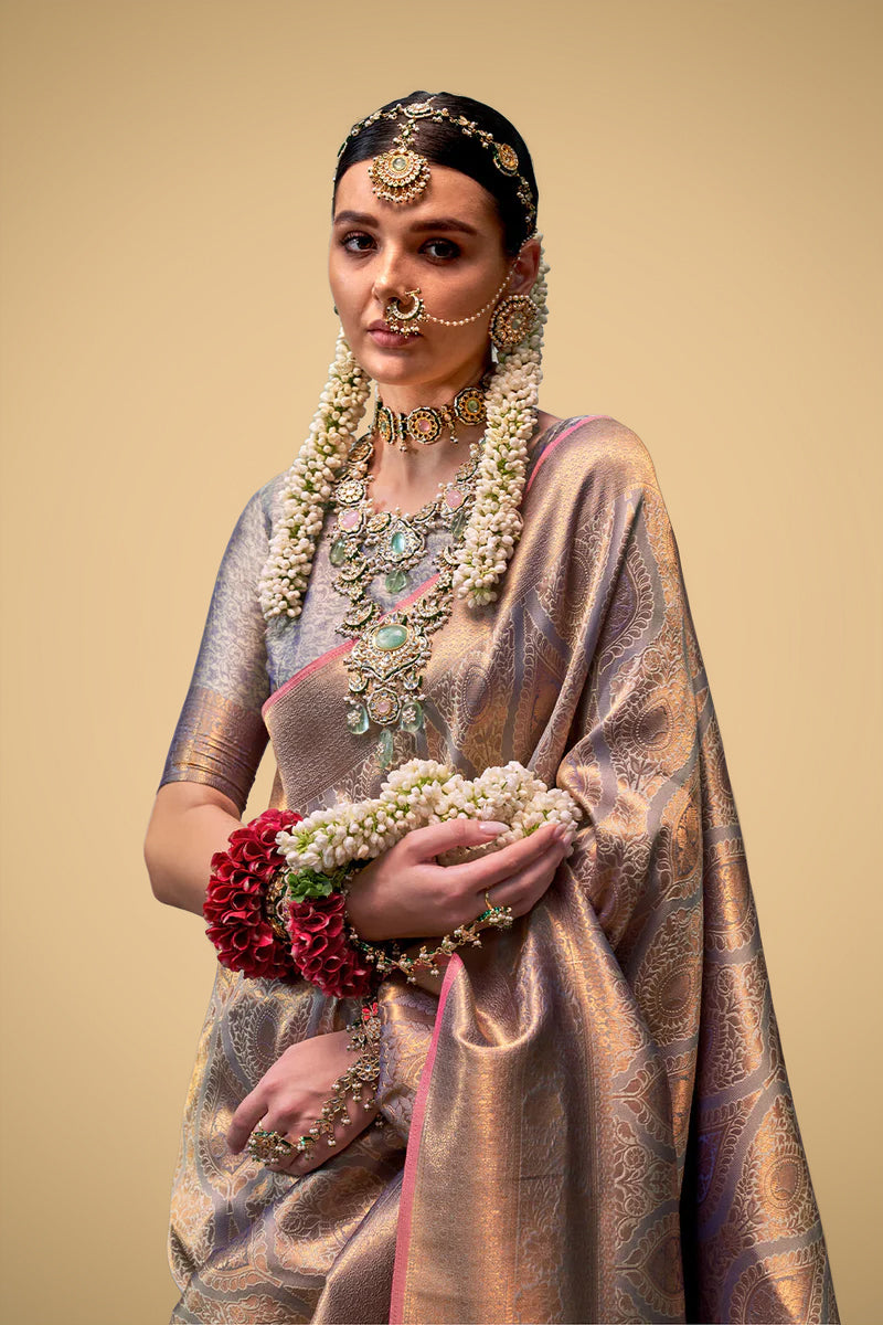 Two-Tone Peach Weaving Silk Saree with Contrast Selvage Border