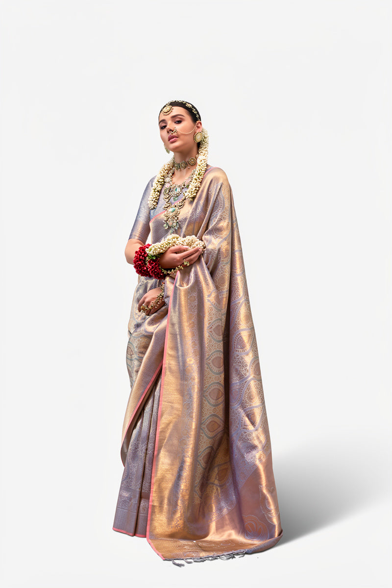 Two-Tone Peach Purple Weaving Silk Saree with Contrast Selvage Border