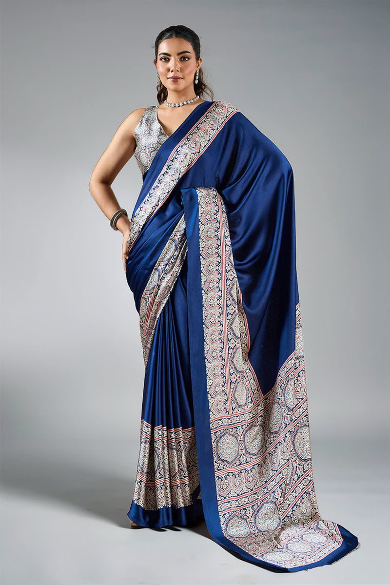 Dark Navy Blue Pure Satin Modal Silk Saree with Ajrakh Print Work