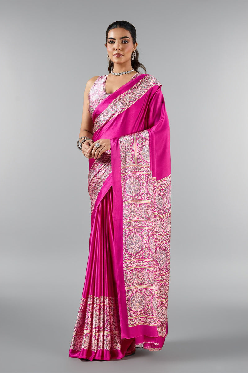 Fushcia Pink Satin Modal Silk Saree with Ajrakh Print