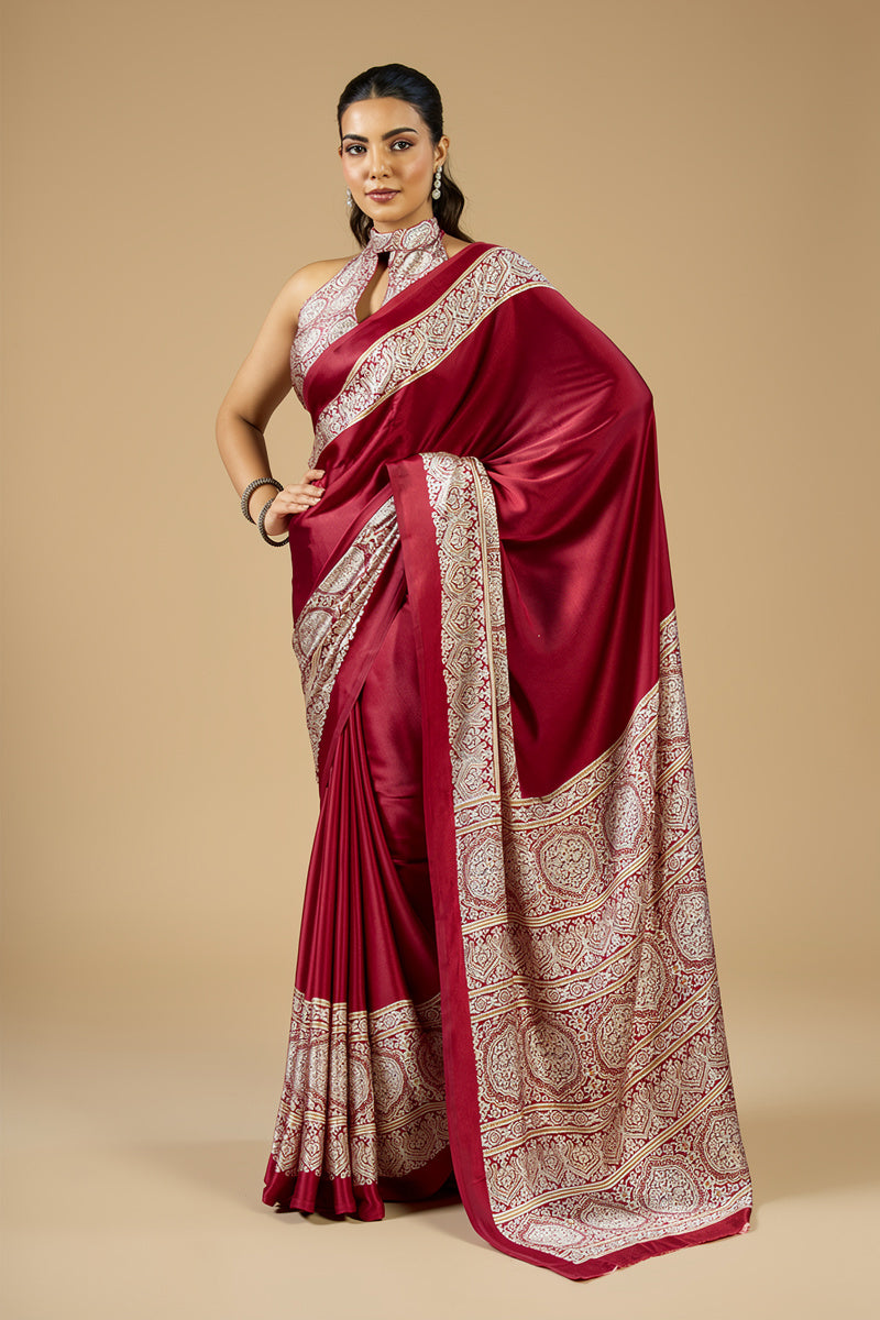 Maroon Pure Satin Modal Silk Saree with Ajrakh Print