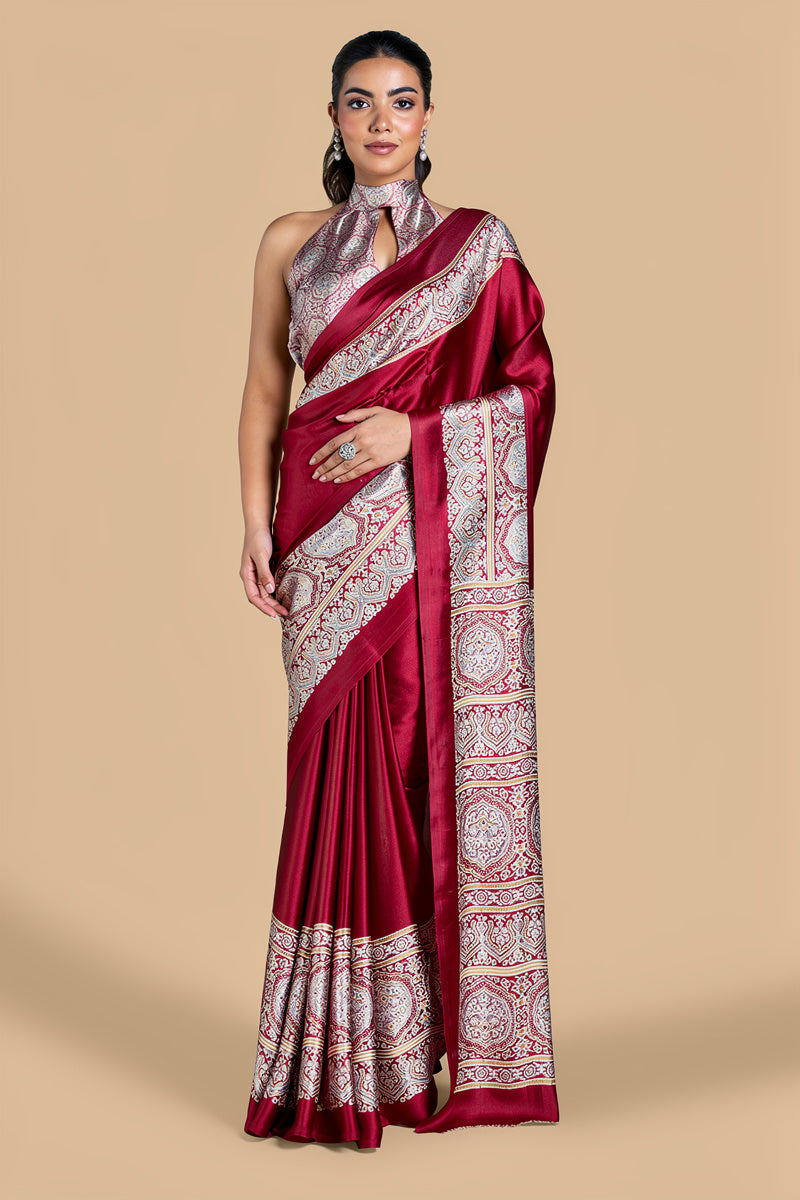 Maroon Pure Satin Modal Silk Saree with Ajrakh Print