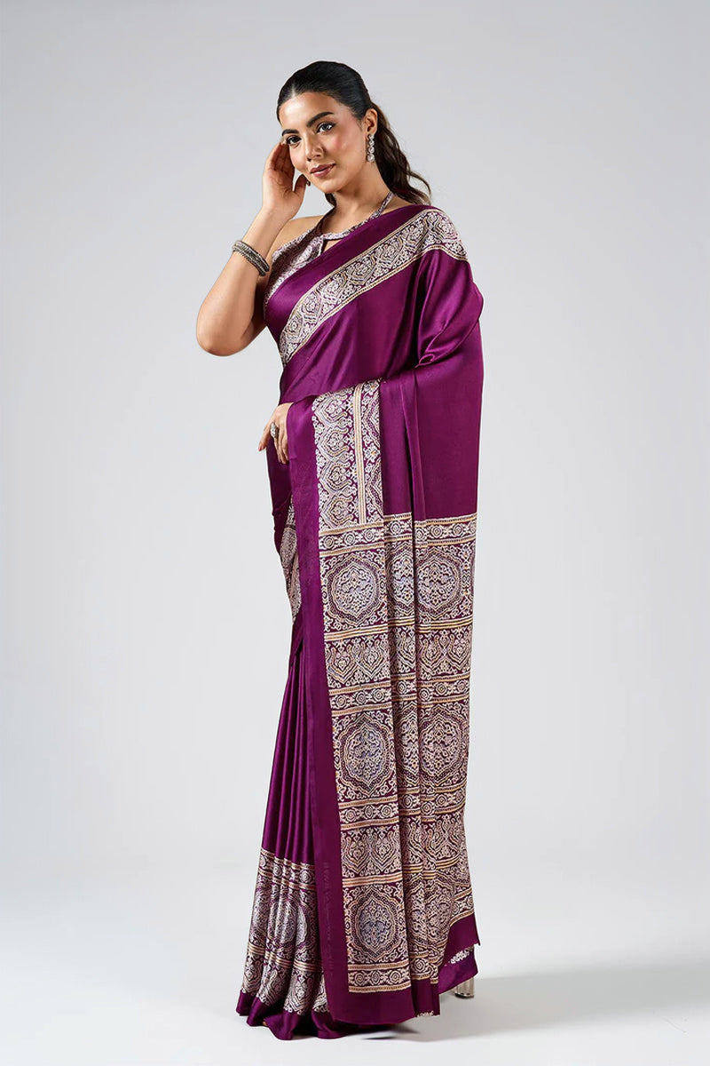 Wine Red Pure Satin Modal Silk Saree with Ajrakh Print