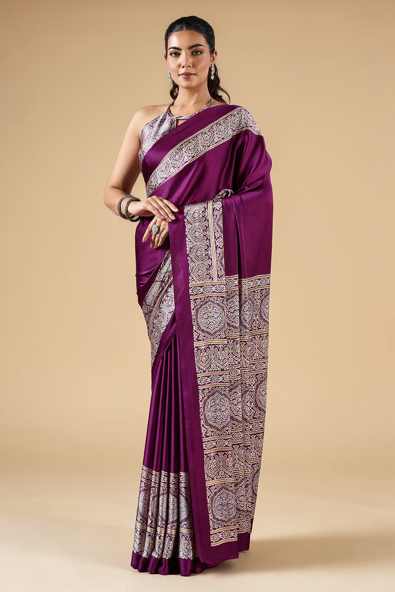 Wine Red Pure Satin Modal Silk Saree with Ajrakh Print