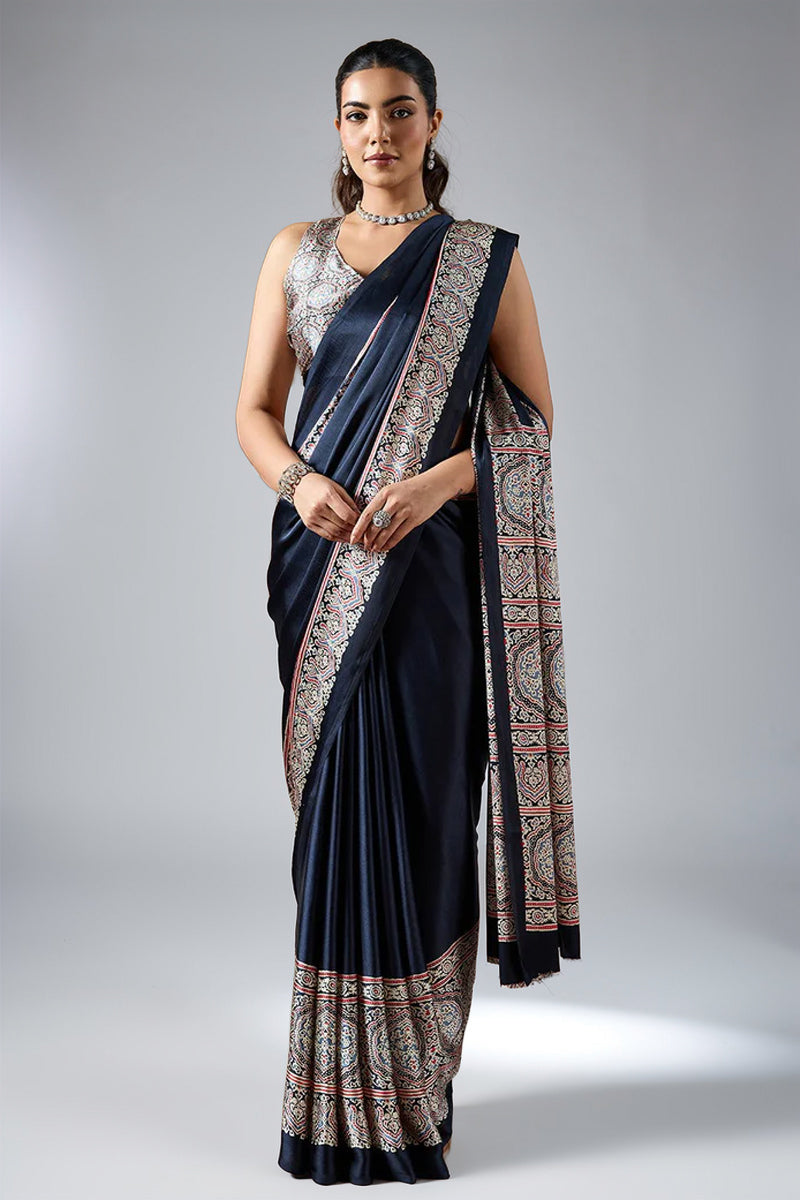 Black Pure Satin Modal Silk Saree with Ajrakh Print