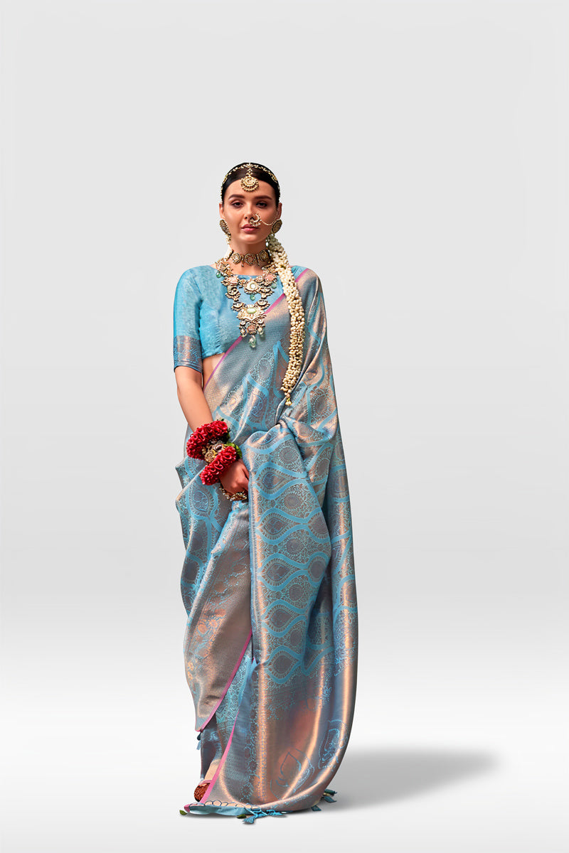 Two-Tone Blue Weaving Silk Saree with Contrast Selvage Border